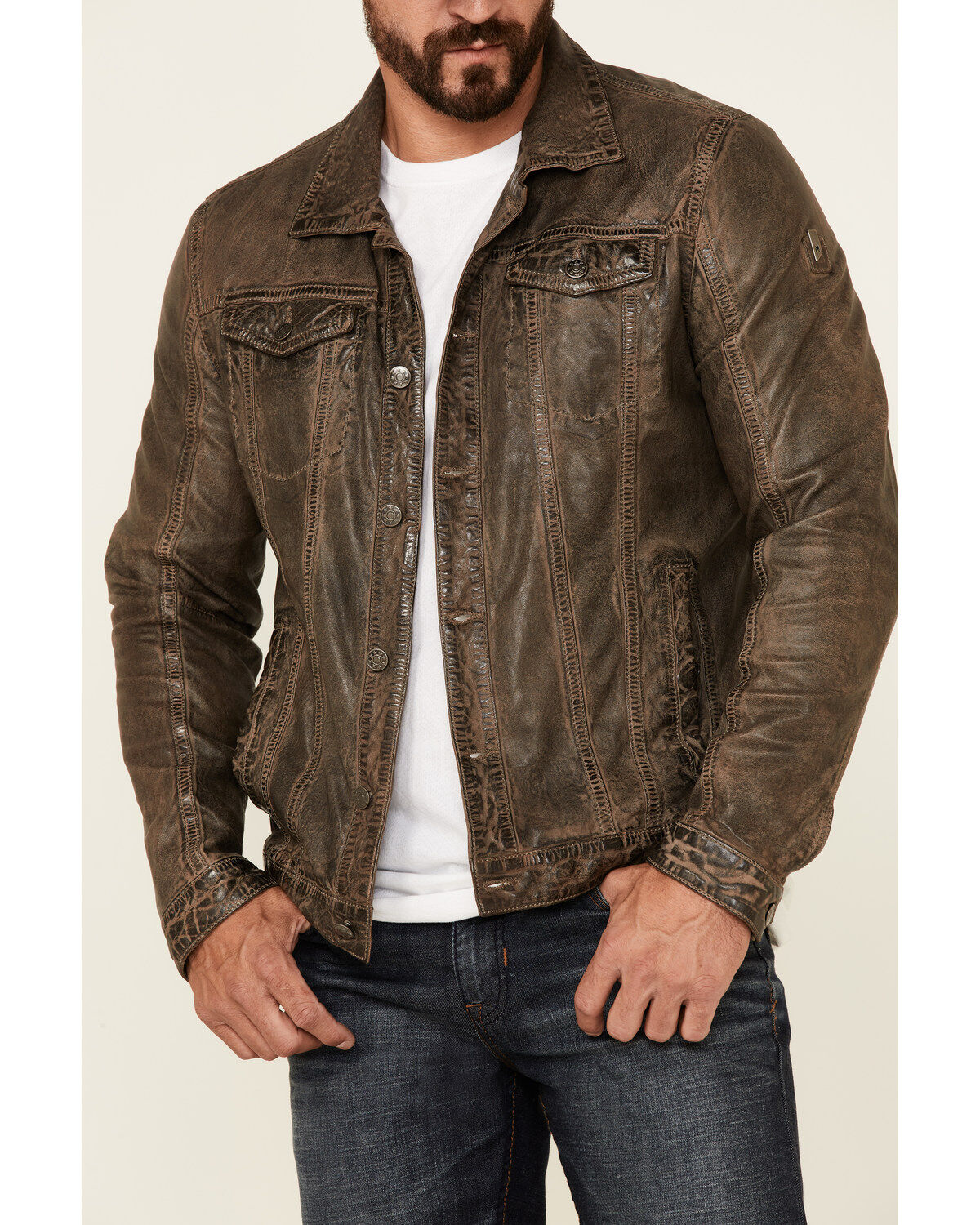 Mauritius Leather Men's Geoff Zip-Front Distressed Trucker Leather Jacket