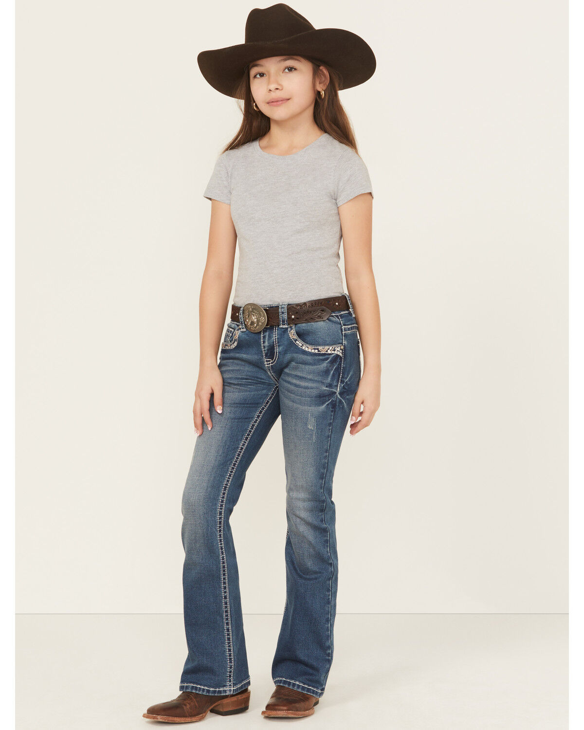 Shyanne Girls' Medium Wash Southwestern Pocket Bootcut Stretch Denim Jeans