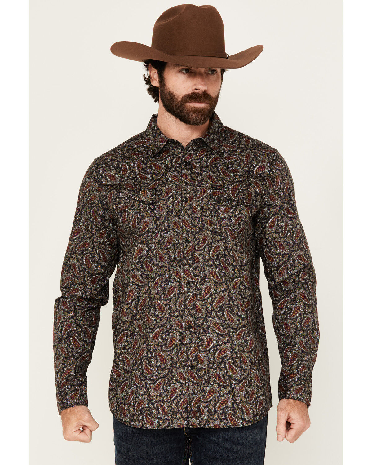 Moonshine Spirit Men's Pitch Floral Paisley Print Long Sleeve Snap Western Shirt