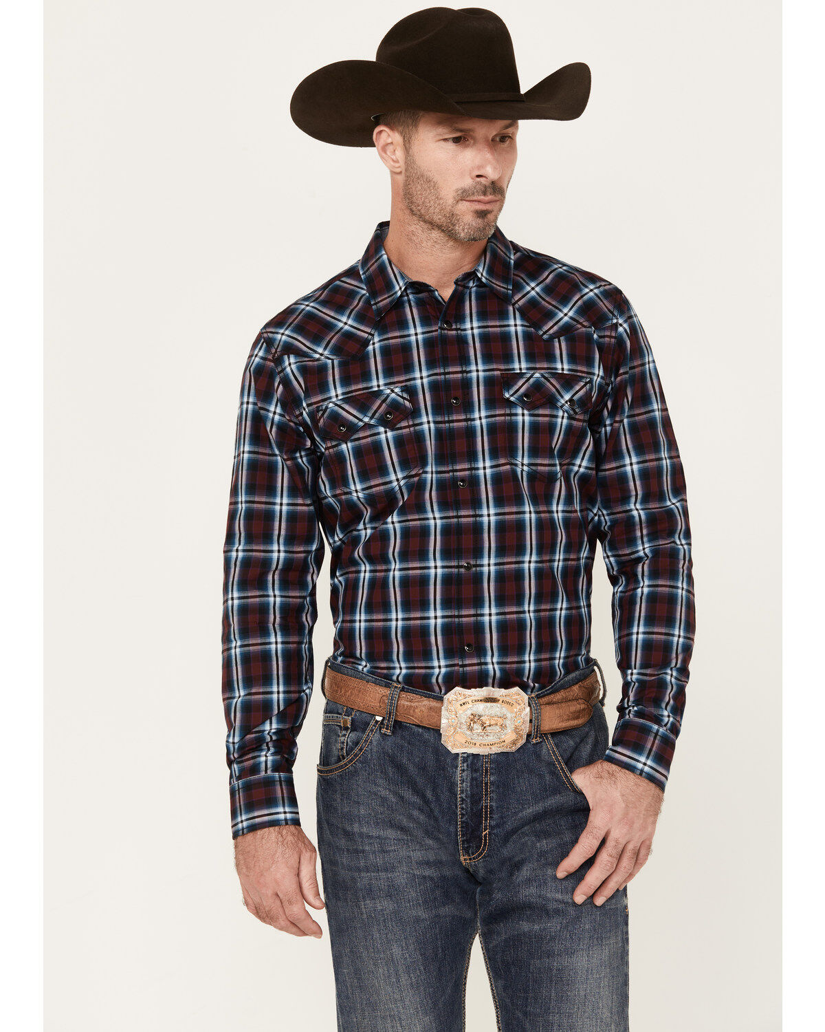 Cody James Men's Poker Night Plaid Print Long Sleeve Snap Western Shirt