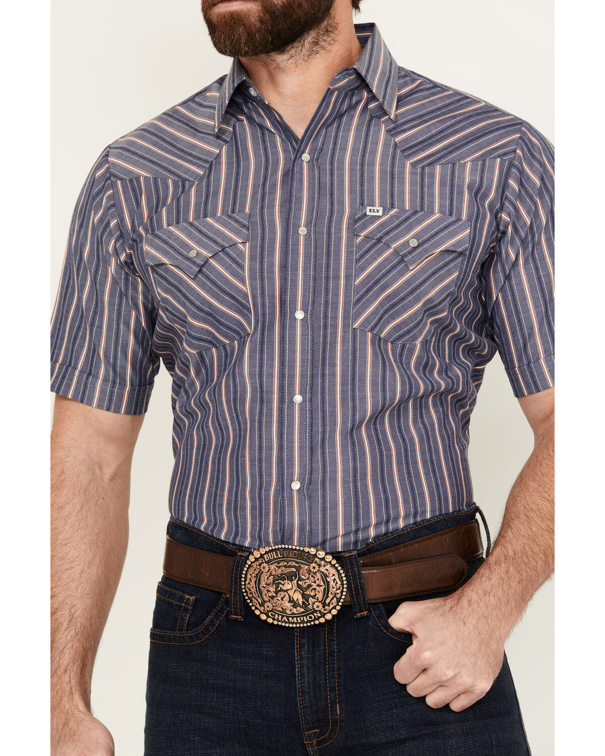 Ely Walker Men's Dobby Striped Print Short Sleeve Snap Western Shirt