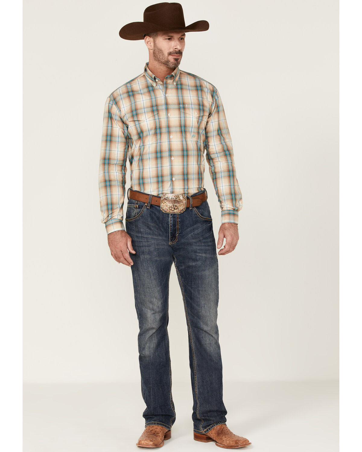 Roper Men's Saddle Large Plaid Print Long Sleeve Button Down Western Shirt