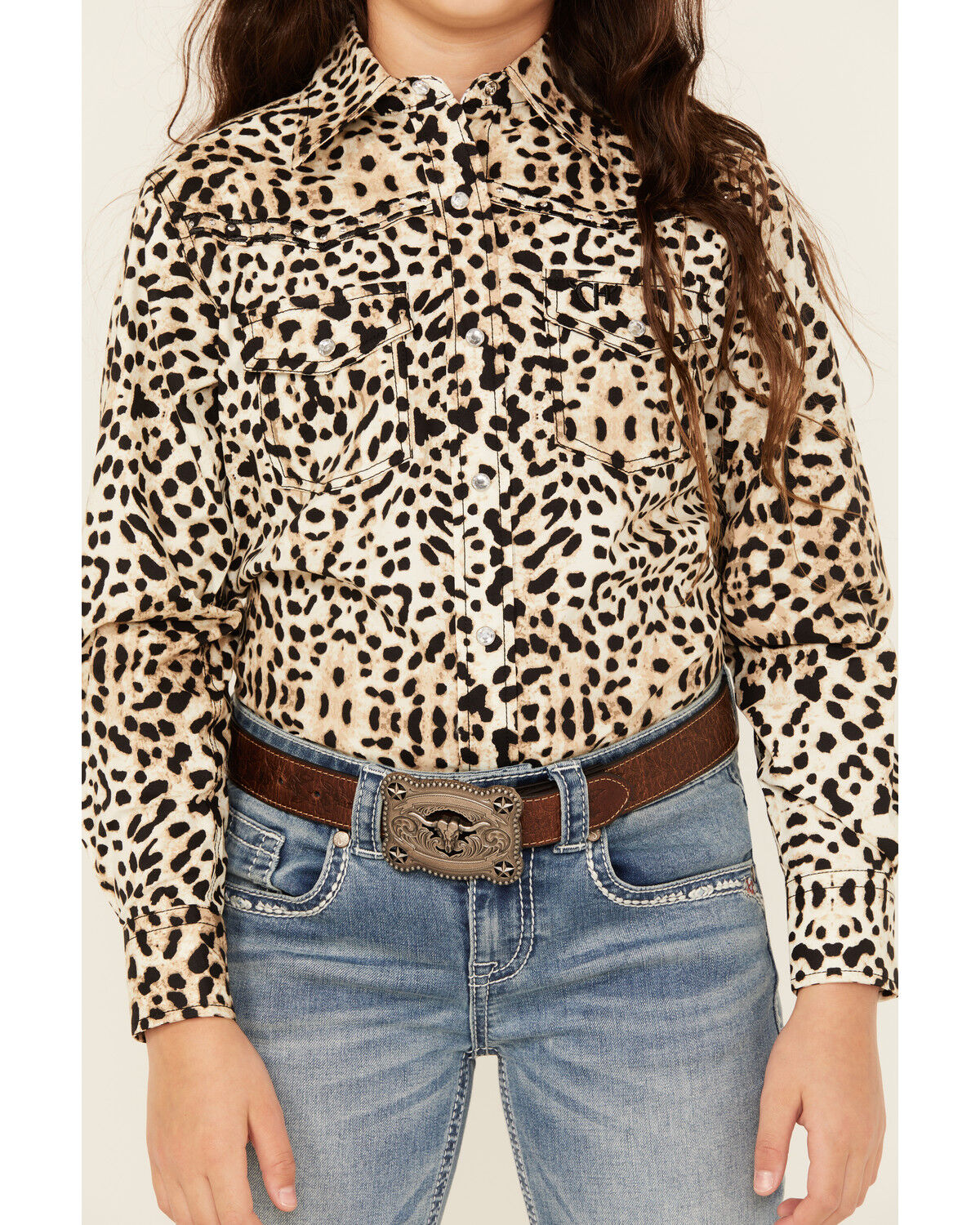 Cowgirl Hardware Girls' Leopard Print Long Sleeve Snap Western Shirt