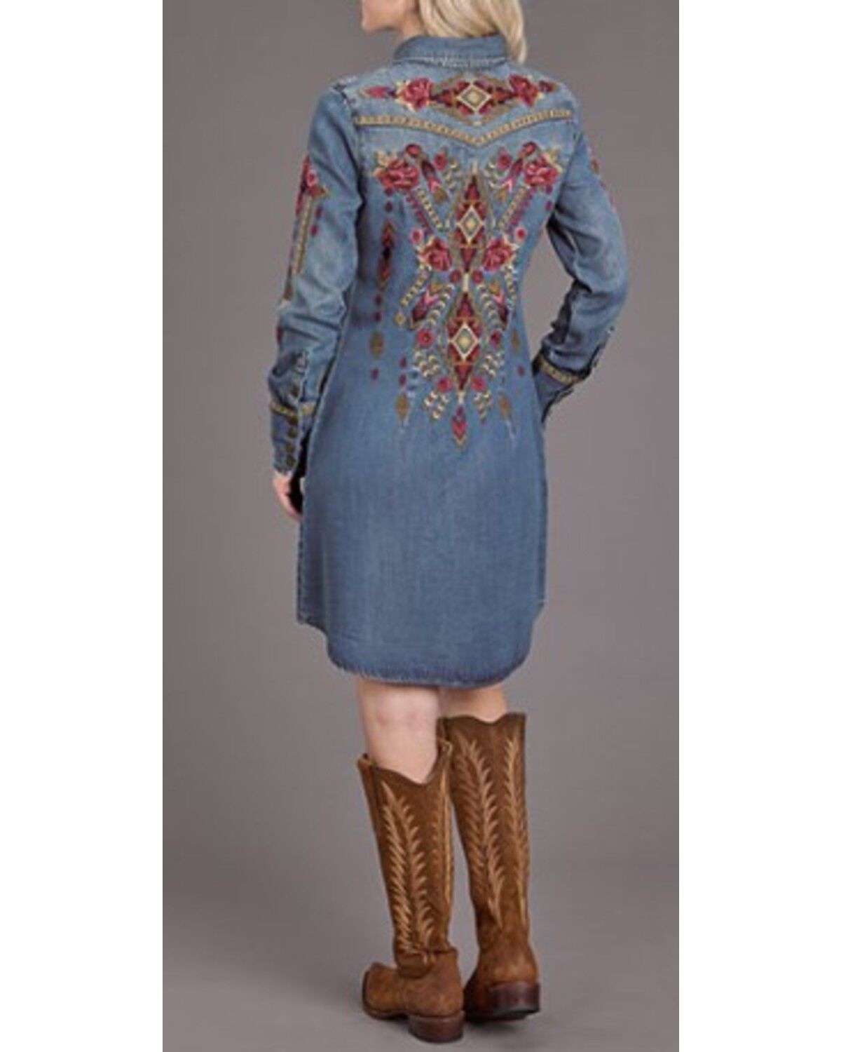 Stetson Women's Medium Wash Long Sleeve Embroidered Snap Denim Mini Dress