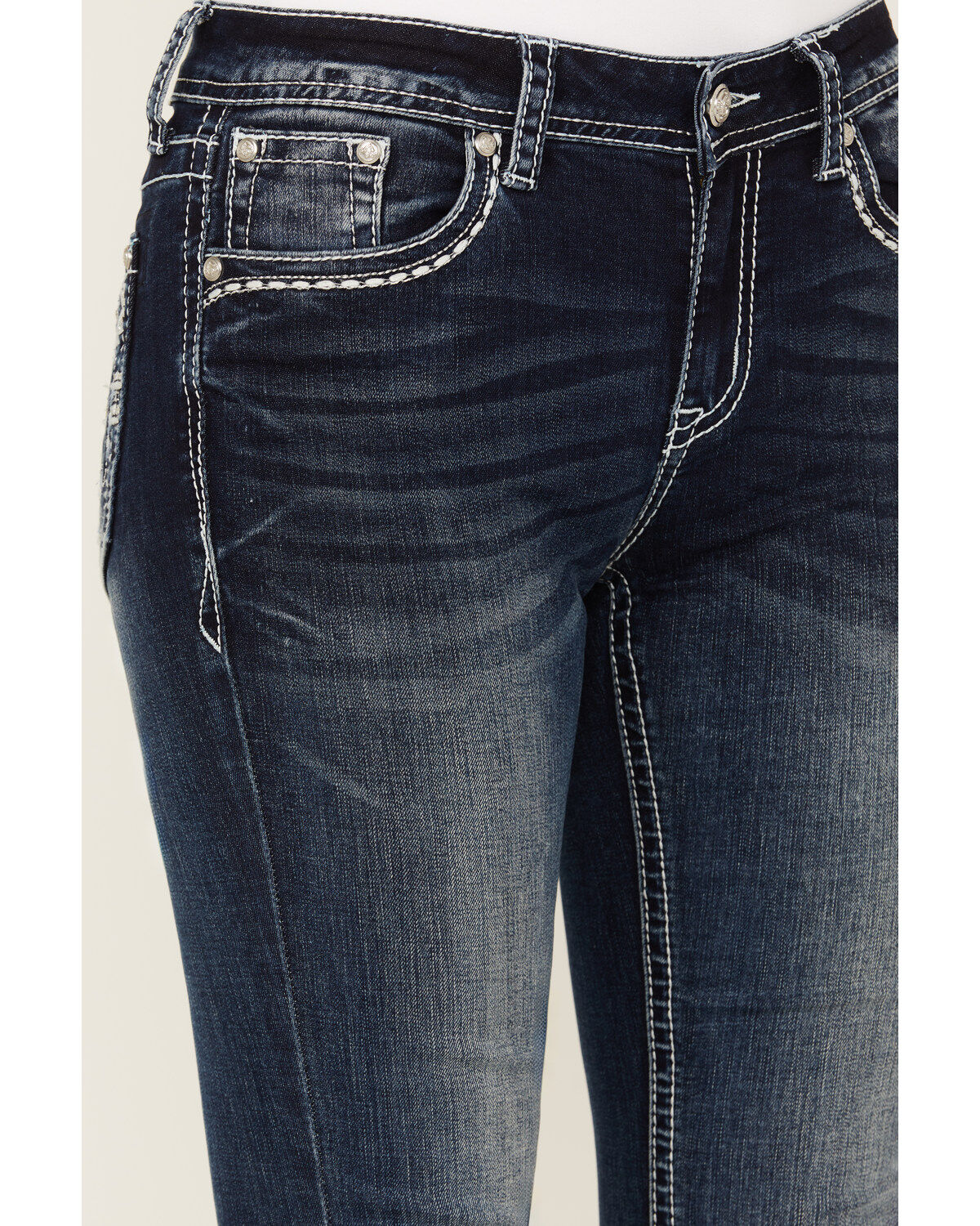 Grace In LA Women's Dark Wash Sequin Pocket Mid Rise Bootcut Stretch Denim Jeans
