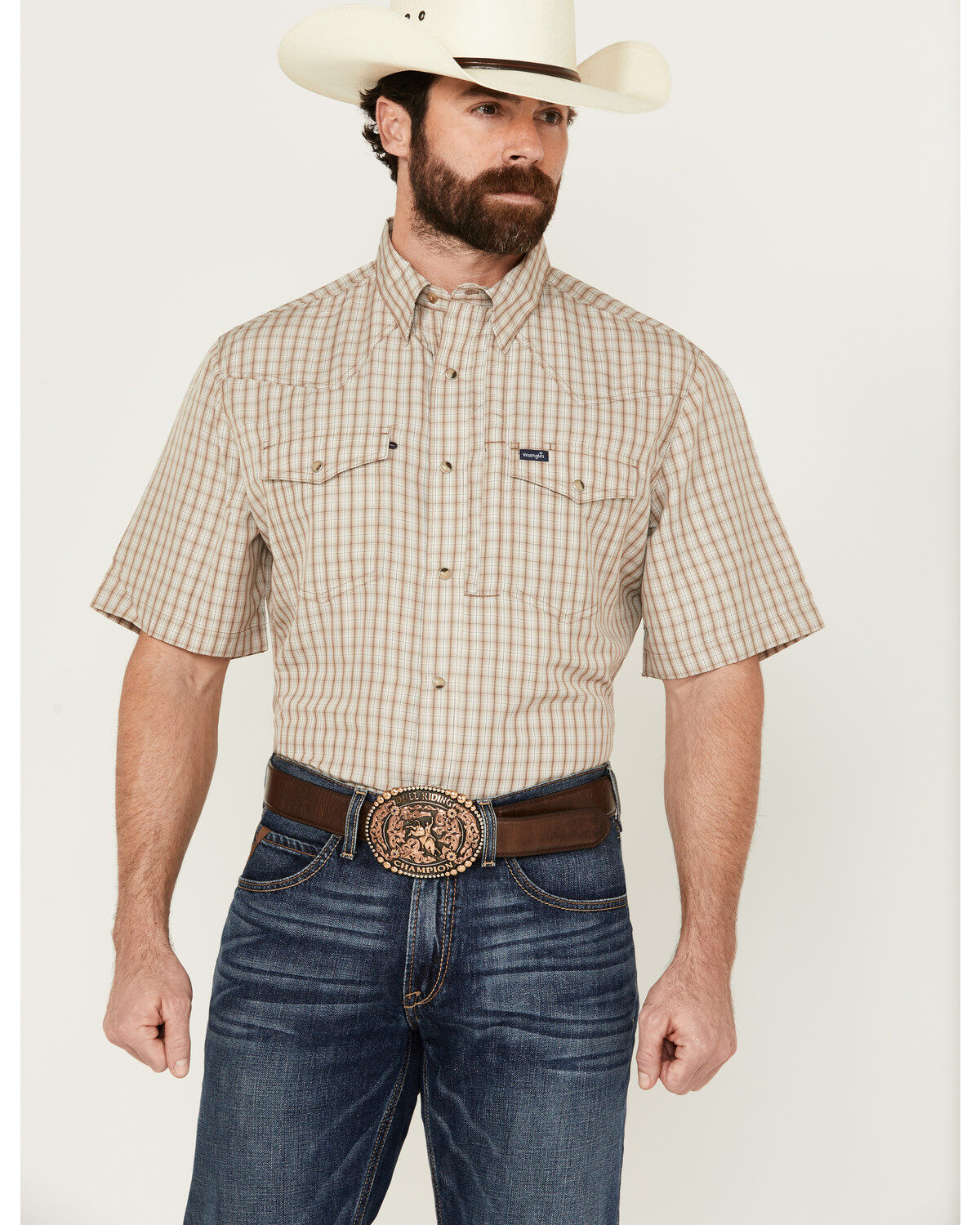 Wrangler Men's Plaid Print Short Sleeve Snap Performance Western Shirt