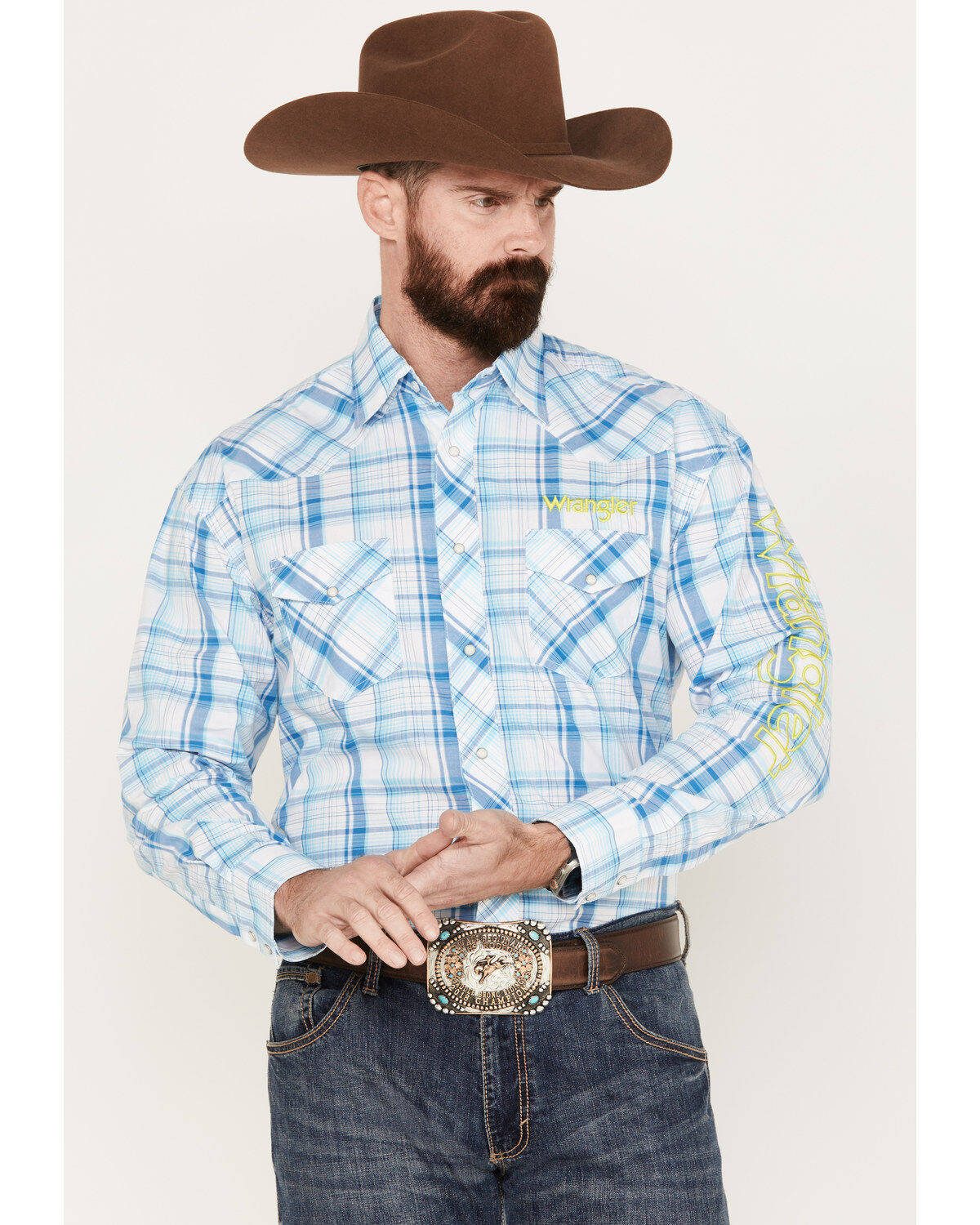 Wrangler Men's Logo Plaid Print Long Sleeve Western Snap Shirt