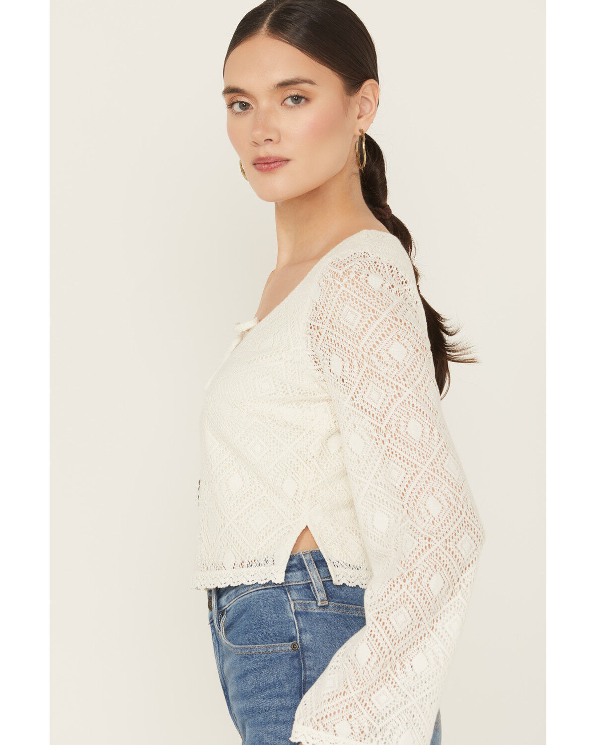 Idyllwind Women's Lacey Scoop Neck Bell Sleeve Crochet Top