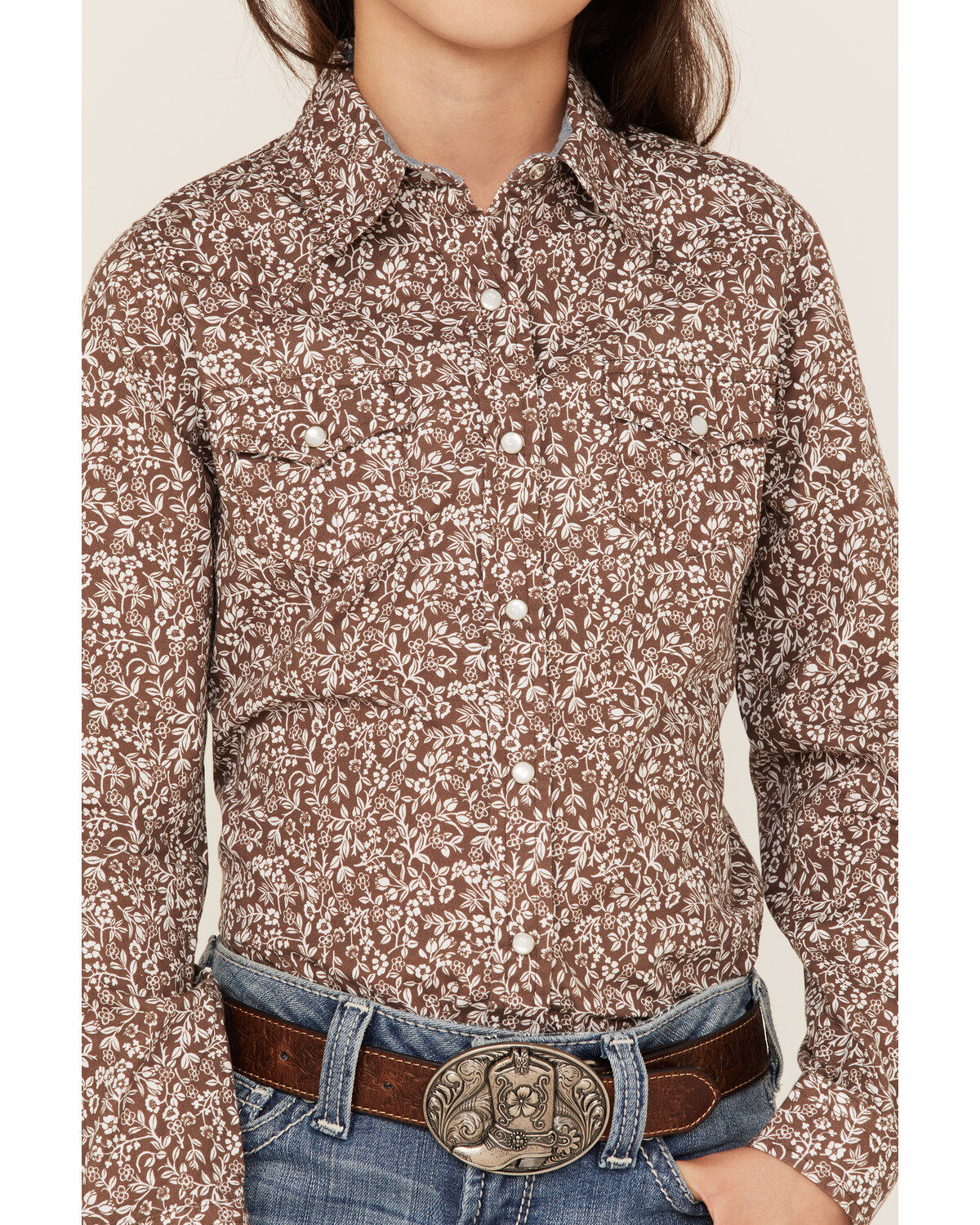 Roper Girls' West Made Floral Print Long Sleeve Western Pearl Snap Shirt