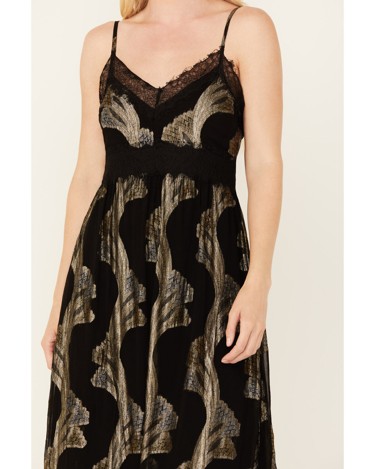 Idyllwind Women's Verde Lace Inset Metallic Print Maxi Dress