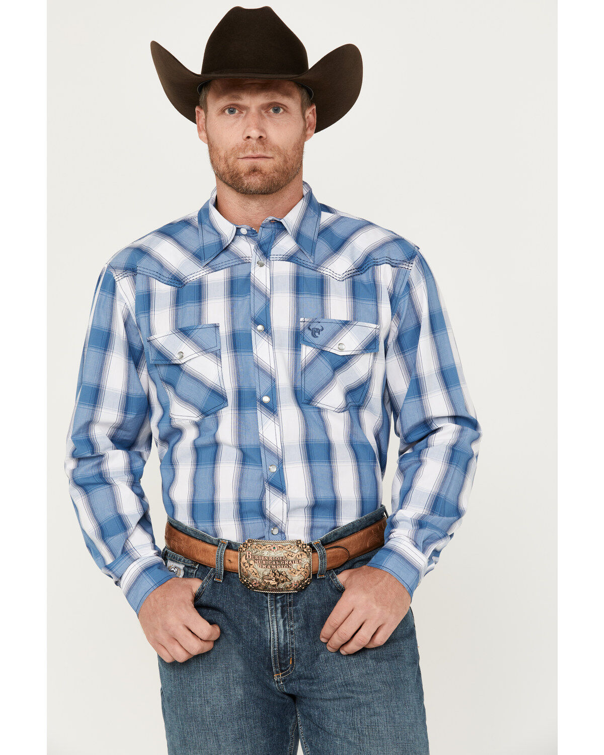 Cowboy Hardware Men's Hombre Plaid Print Long Sleeve Pearl Snap Western Shirt