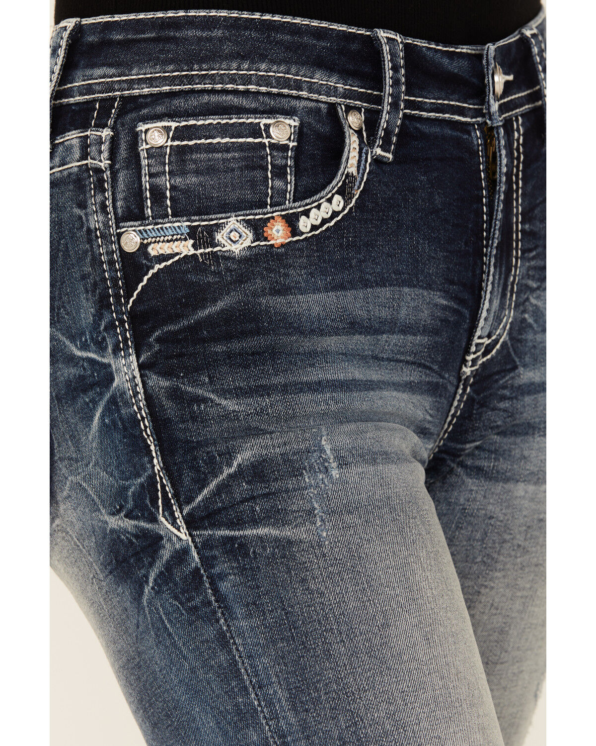 Grace In LA Women's Medium Wash Geo Print Embroidered Mid Rise Bootcut Stretch Denim Jeans