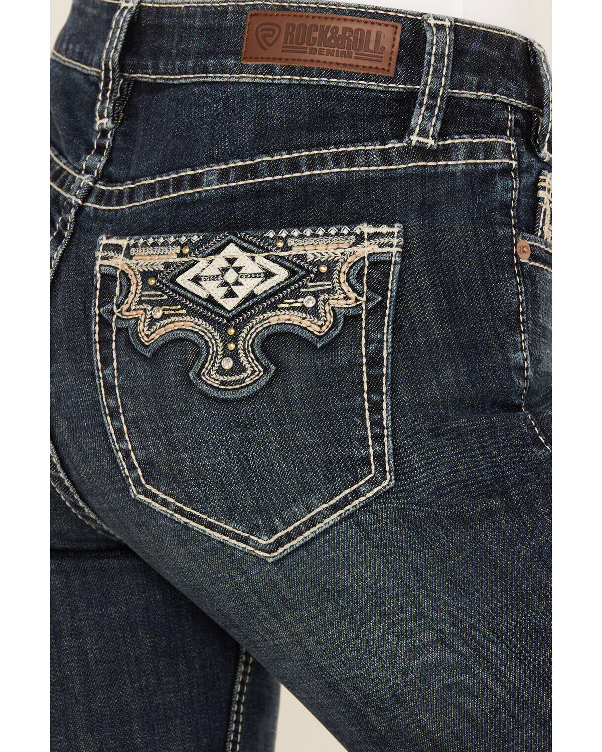 Rock & Roll Denim Women's Dark Wash Mid Rise Scallop Embroidered Bootcut Stretch Denim Jeans