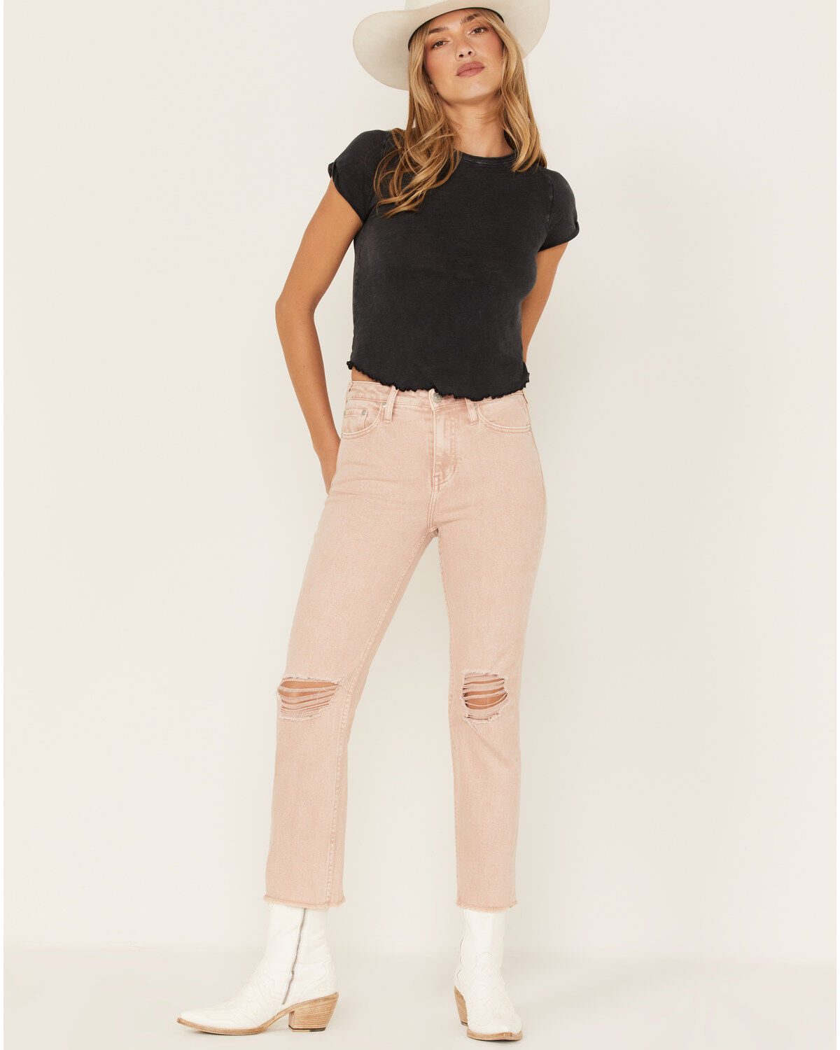 Cleo + Wolf Women's Distressed High Rise Straight Jeans