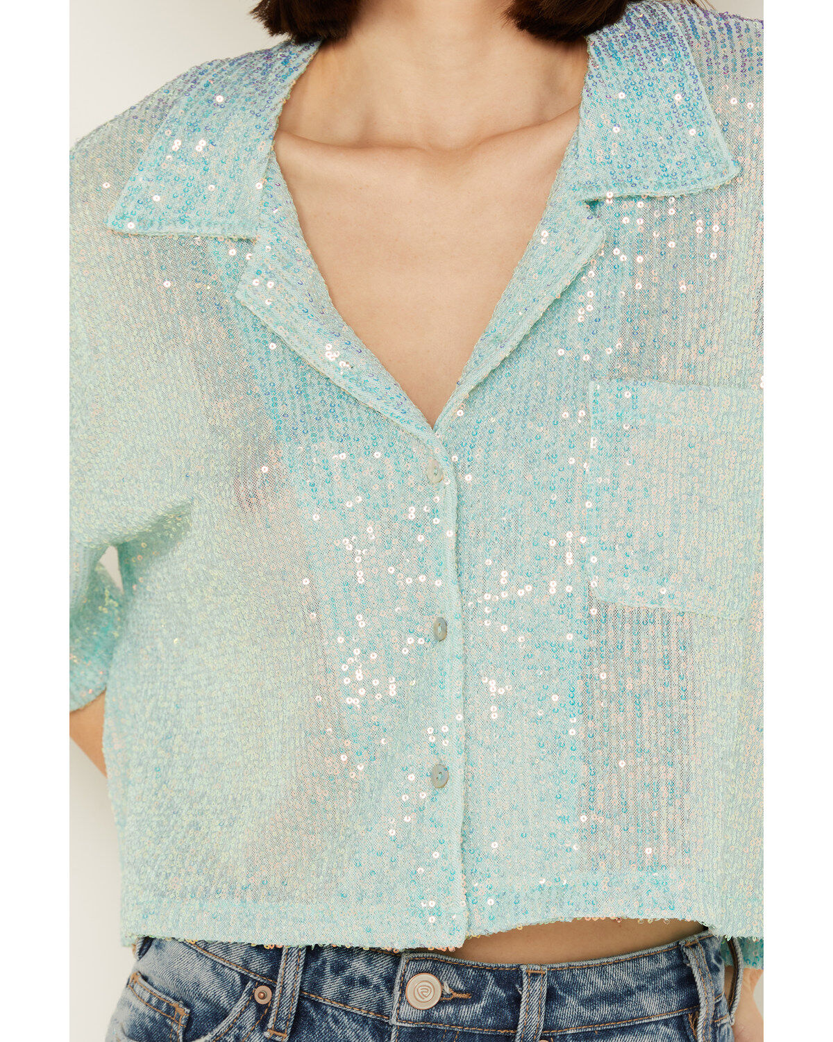 POL Women's Sequin Button Up Top
