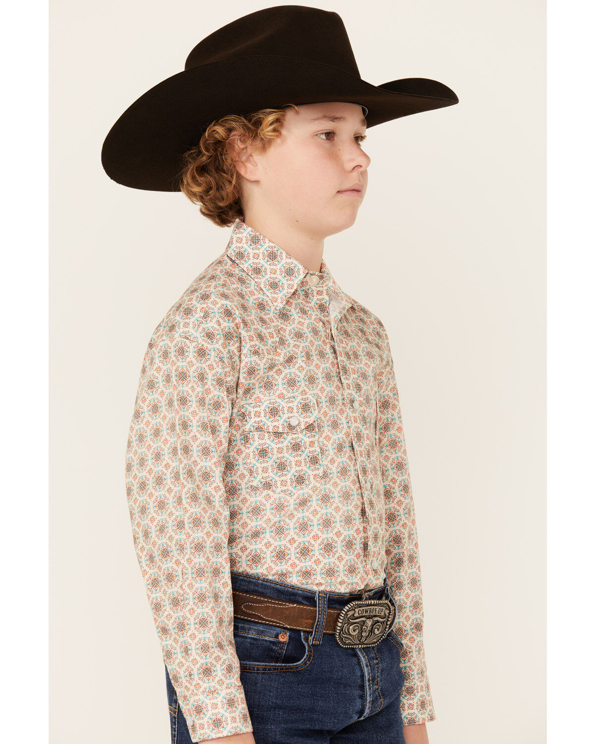 Rock & Roll Denim Boys Geo Print Long Sleeve Pearl Stretch Snap Western Shirt