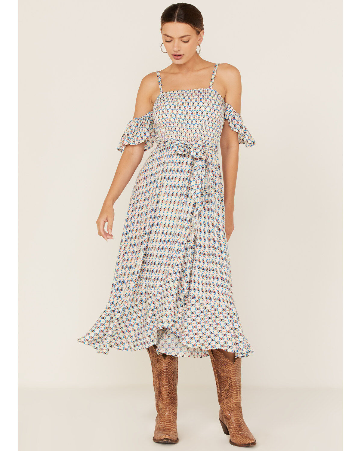 Band of the Free Women's Prism Geo Print Off Shoulder Smocked Wrap Midi Dress