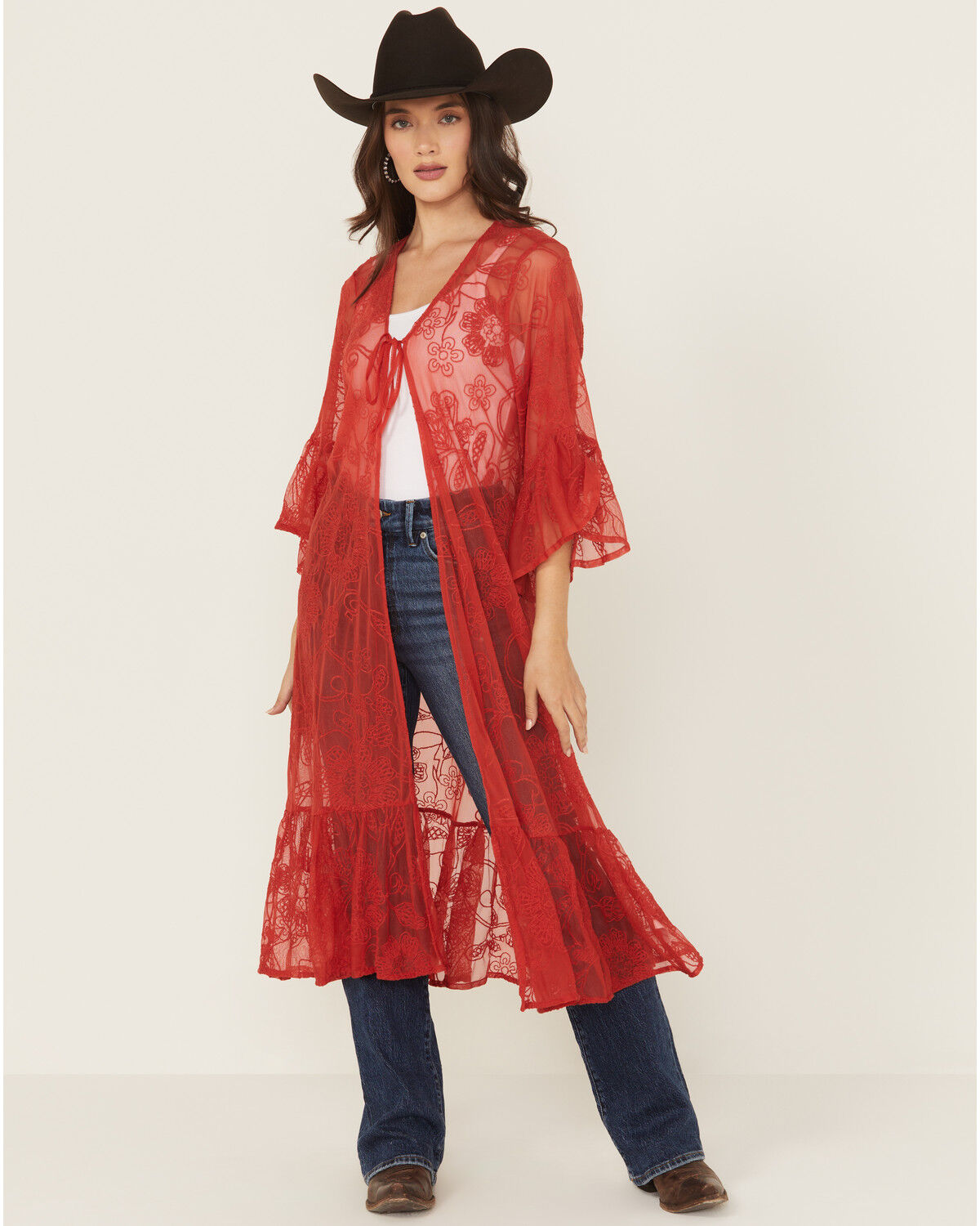 Shyanne Women's Tie-Front Embroidered Mesh Kimono