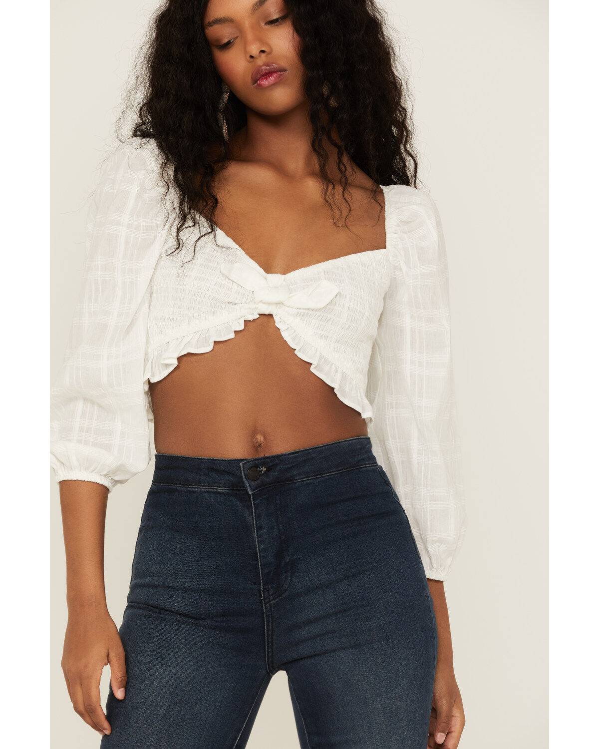 Lush Women's Long Sleeve Smocked Tie Front Blouse