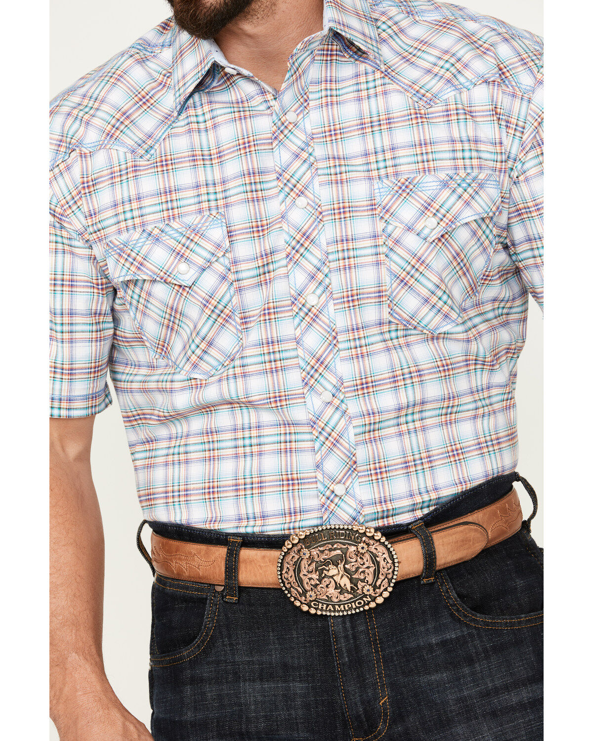 Rough Stock by Panhandle Men's Plaid Print Short Sleeve Pearl Snap Western Shirt