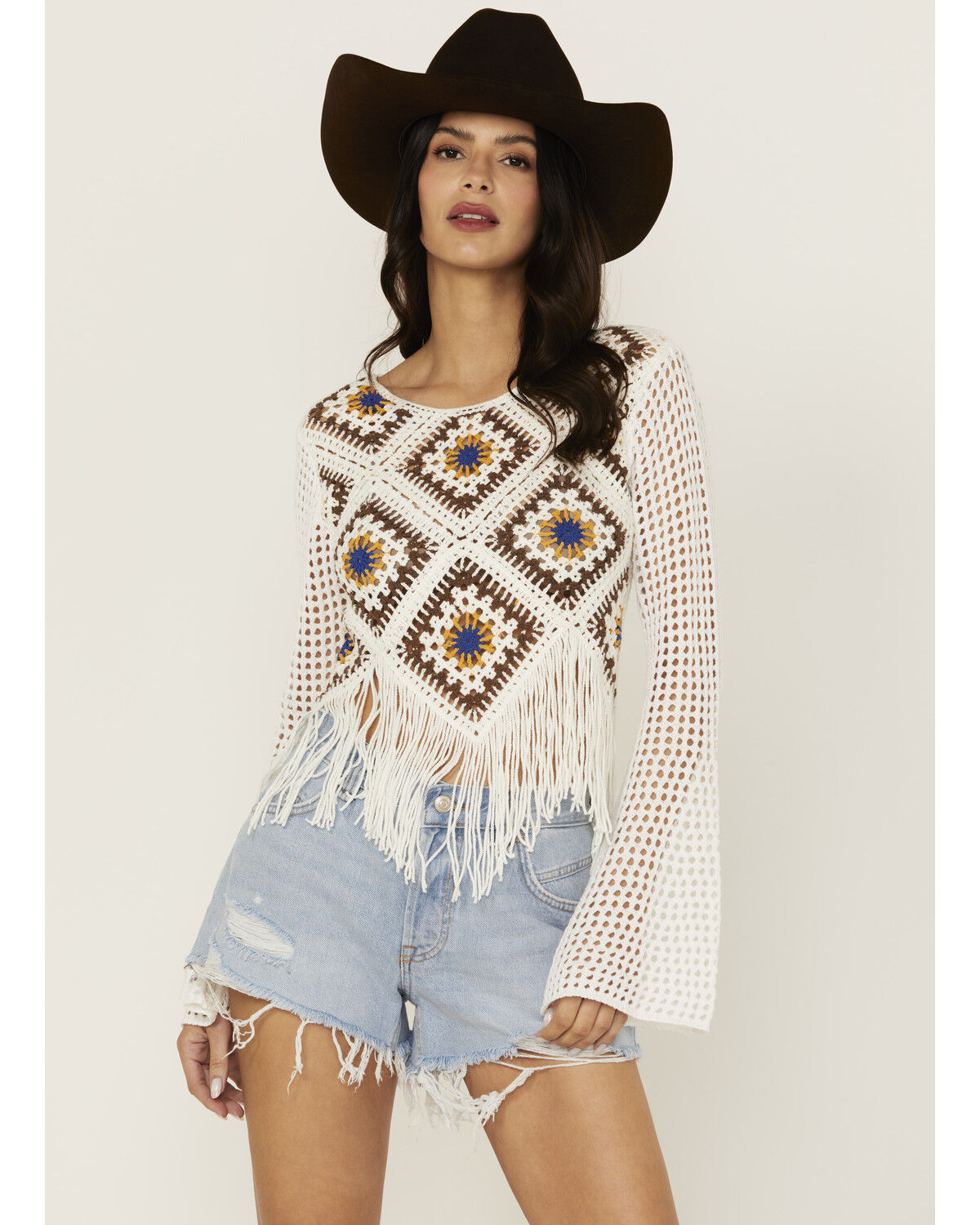 Wild Moss Women's Geo Print Crochet Long Sleeve Top