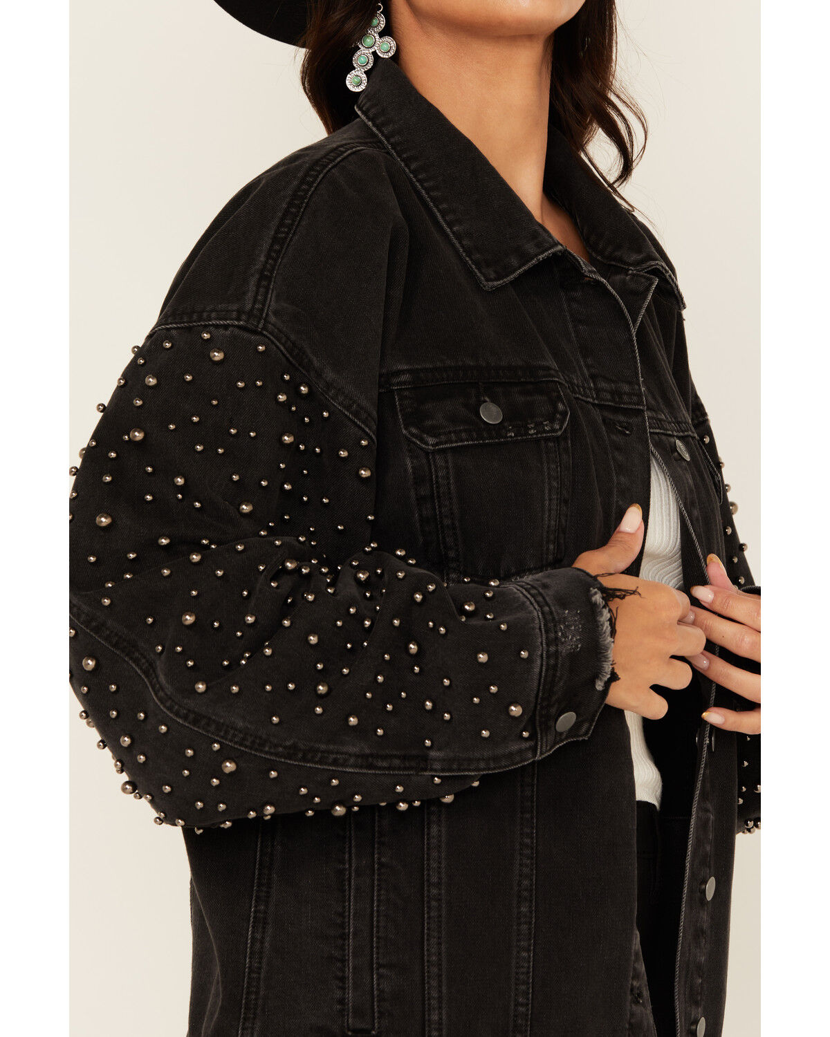 Rock & Roll Denim Women's Distressed Pearl Studded Sleeve Denim Jacket