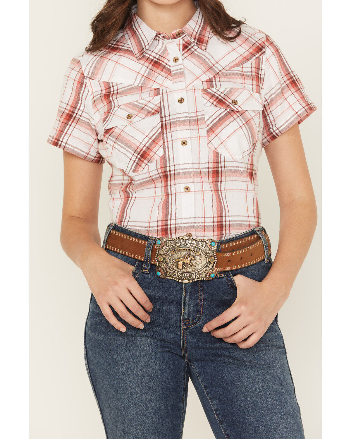 Shyanne Women's Plaid Print Short Sleeve Button-Down Western Shirt