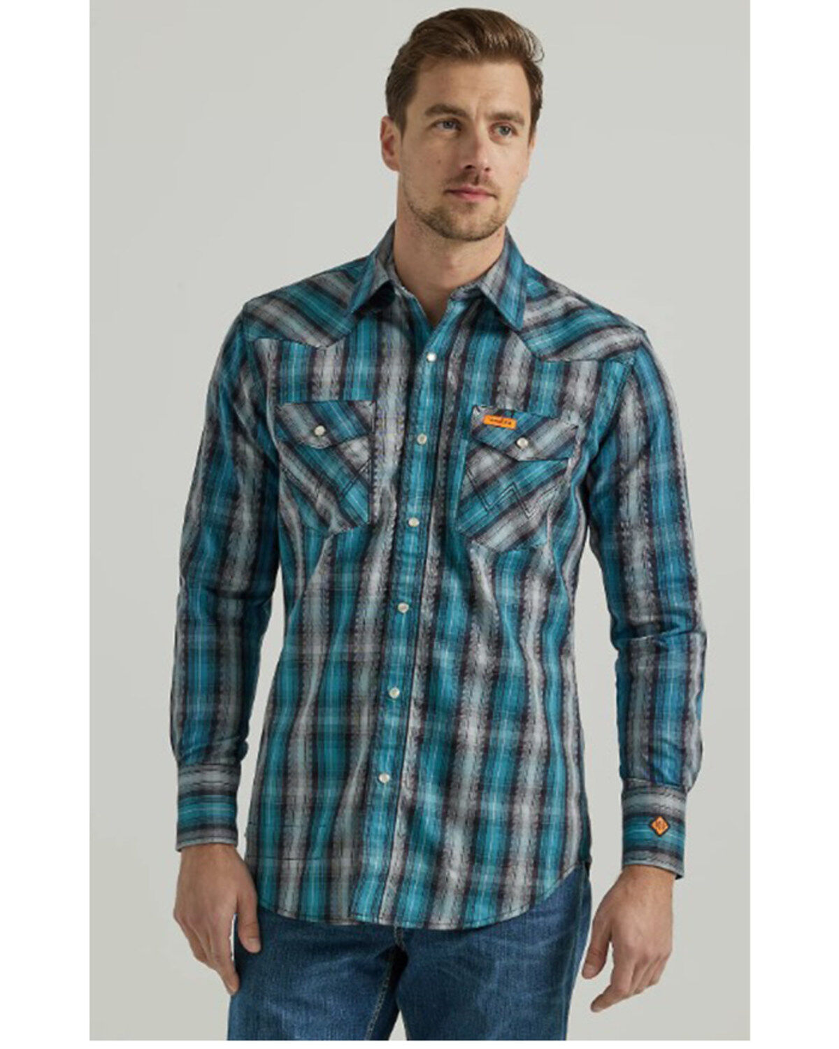 Wrangler Men's FR Plaid Print Long Sleeve Snap Work Shirt