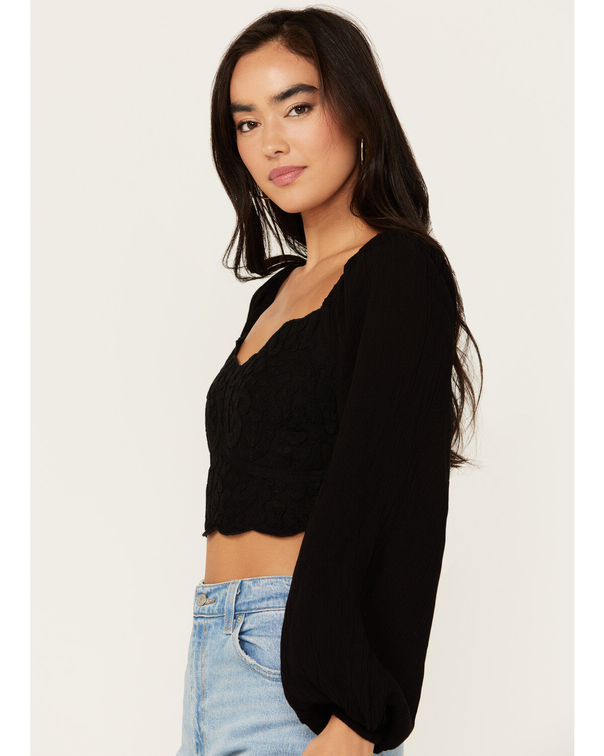 Shyanne Women's Embroidered Mesh Dot Poet Sleeve Crop Top