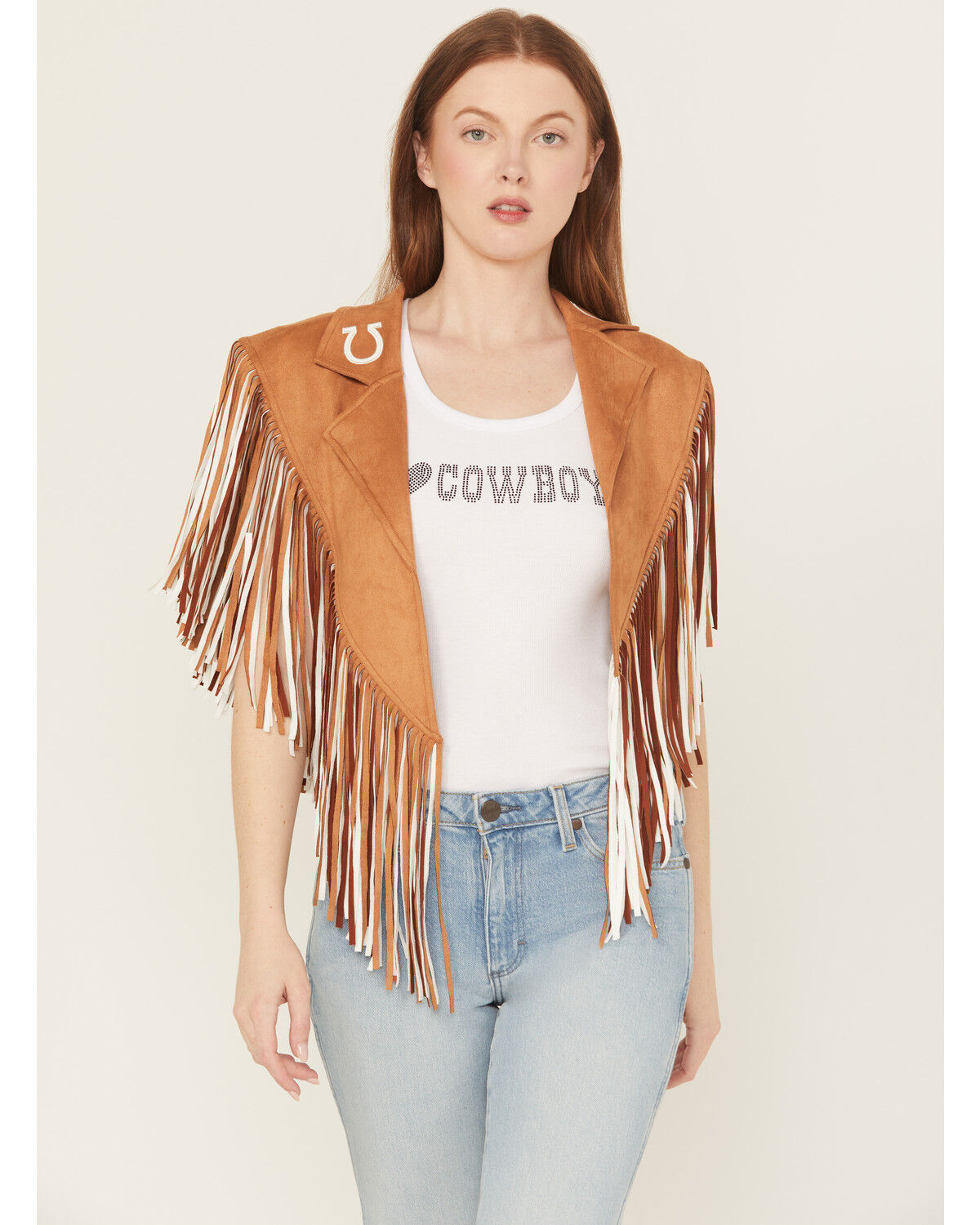 Saints & Hearts Women's Faux Suede Horseshoe Fringe Cape