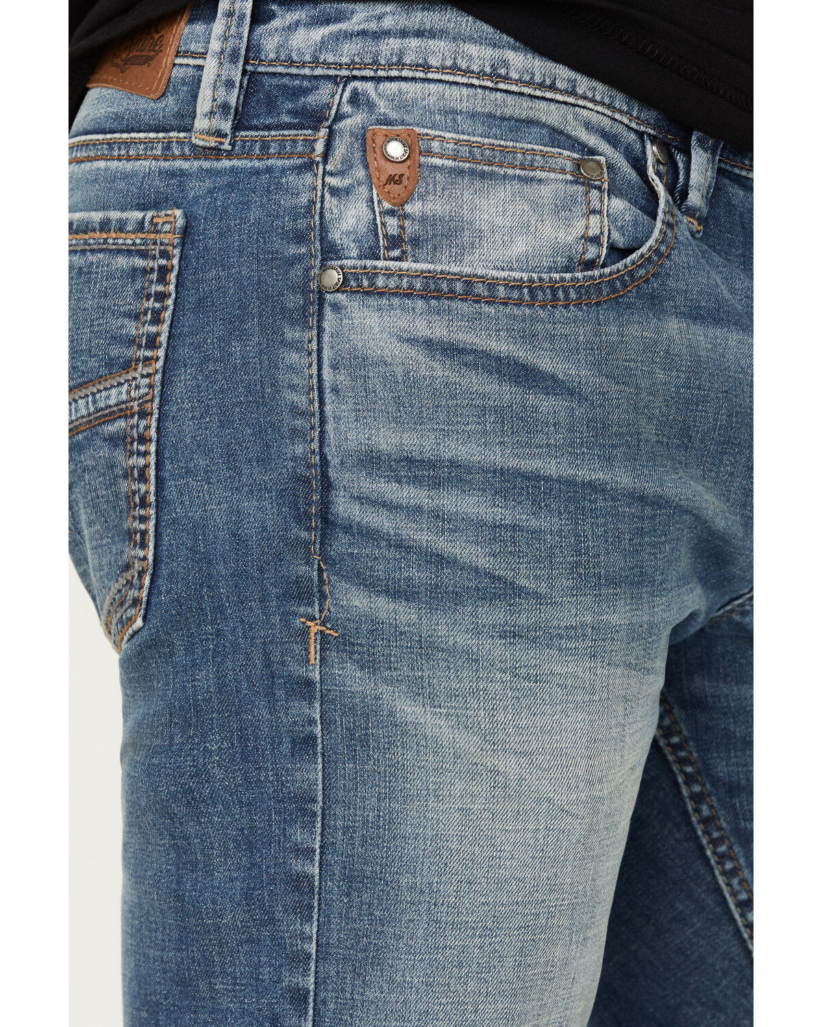 Moonshine Spirit Men's Medium Wash White Lightning Slim Bootcut Stretch Denim Jeans