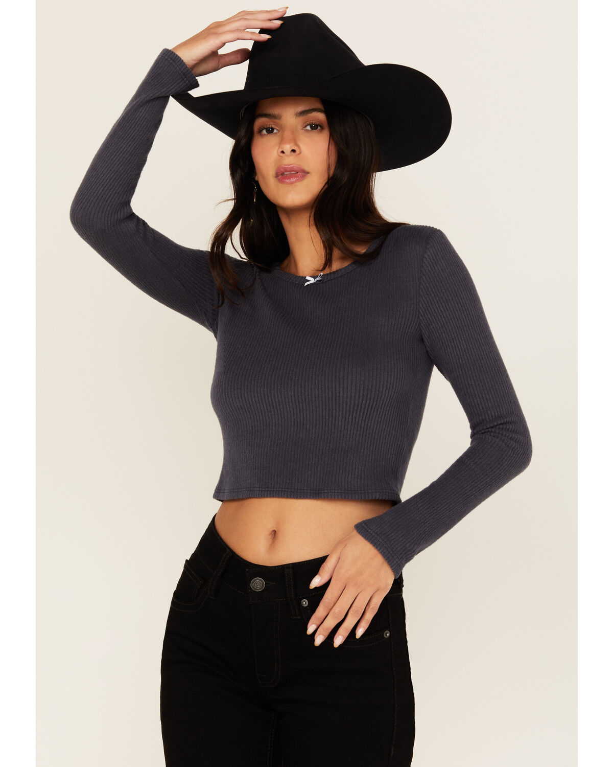 Originality Women's Solid Rib Knit Long Sleeve Cropped Shirt