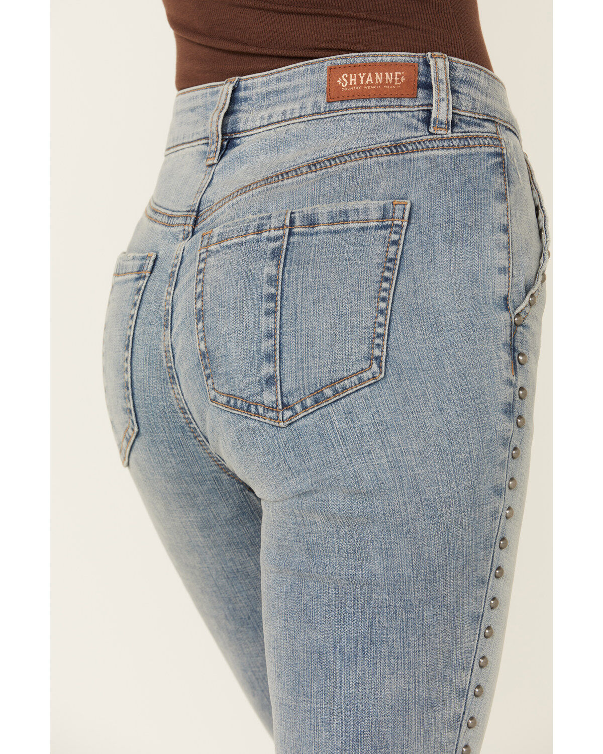 Shyanne Women's Tansy Medium Wash High Rise Fringe Embroidered Stretch Flare Jeans