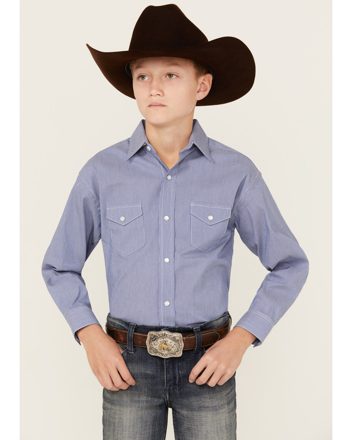 Rough Stock by Panhandle Boys' Striped Long Sleeve Pearl Snap Stretch Western Shirt