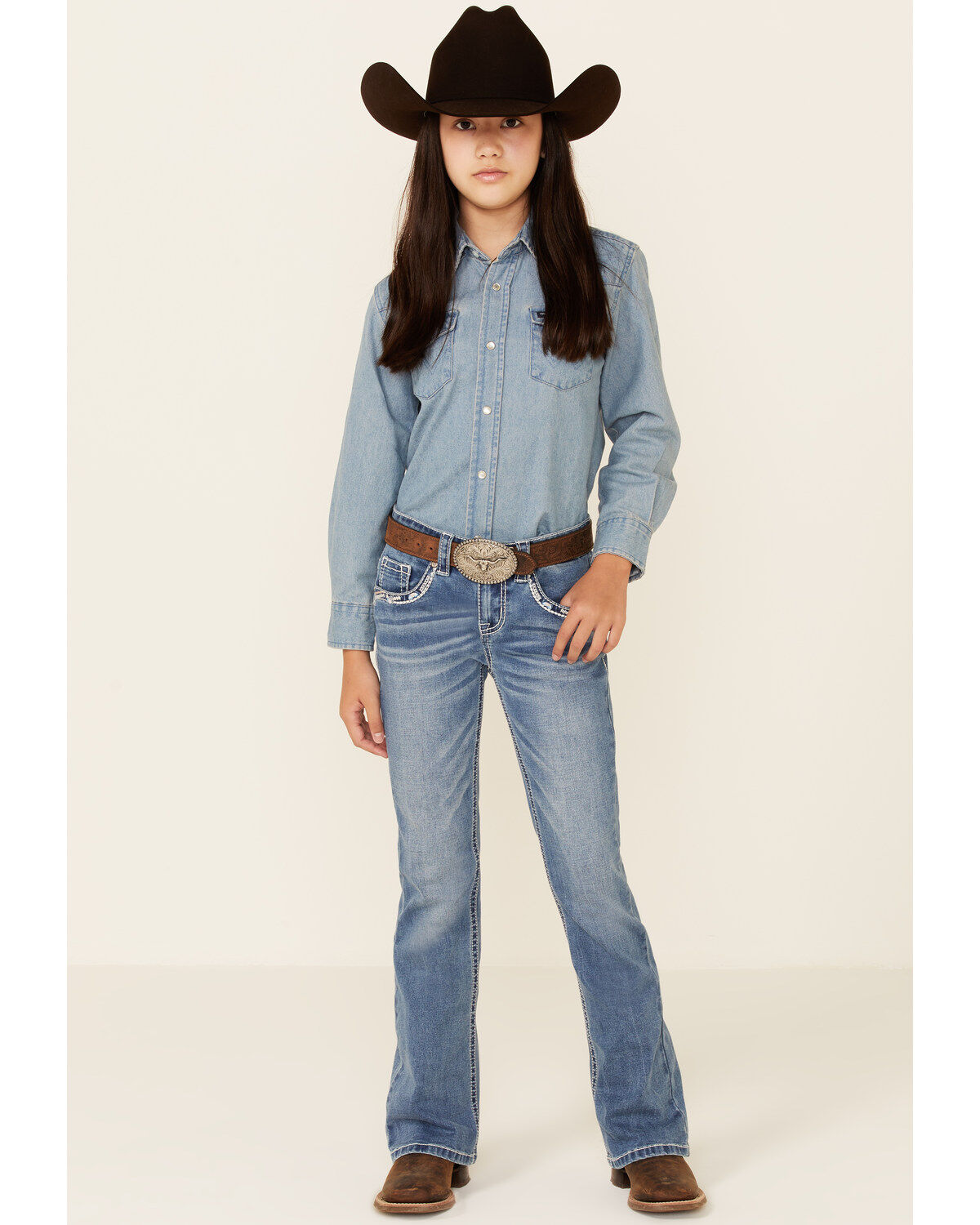 Shyanne Little Girls' Medium Wash Chevron Stitch Pocket Bootcut Jeans