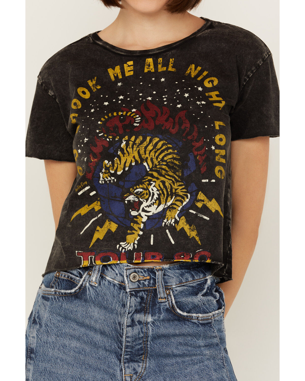 Country Deep Women's Acid Wash Shook Me Short Sleeve Cropped Graphic Tee
