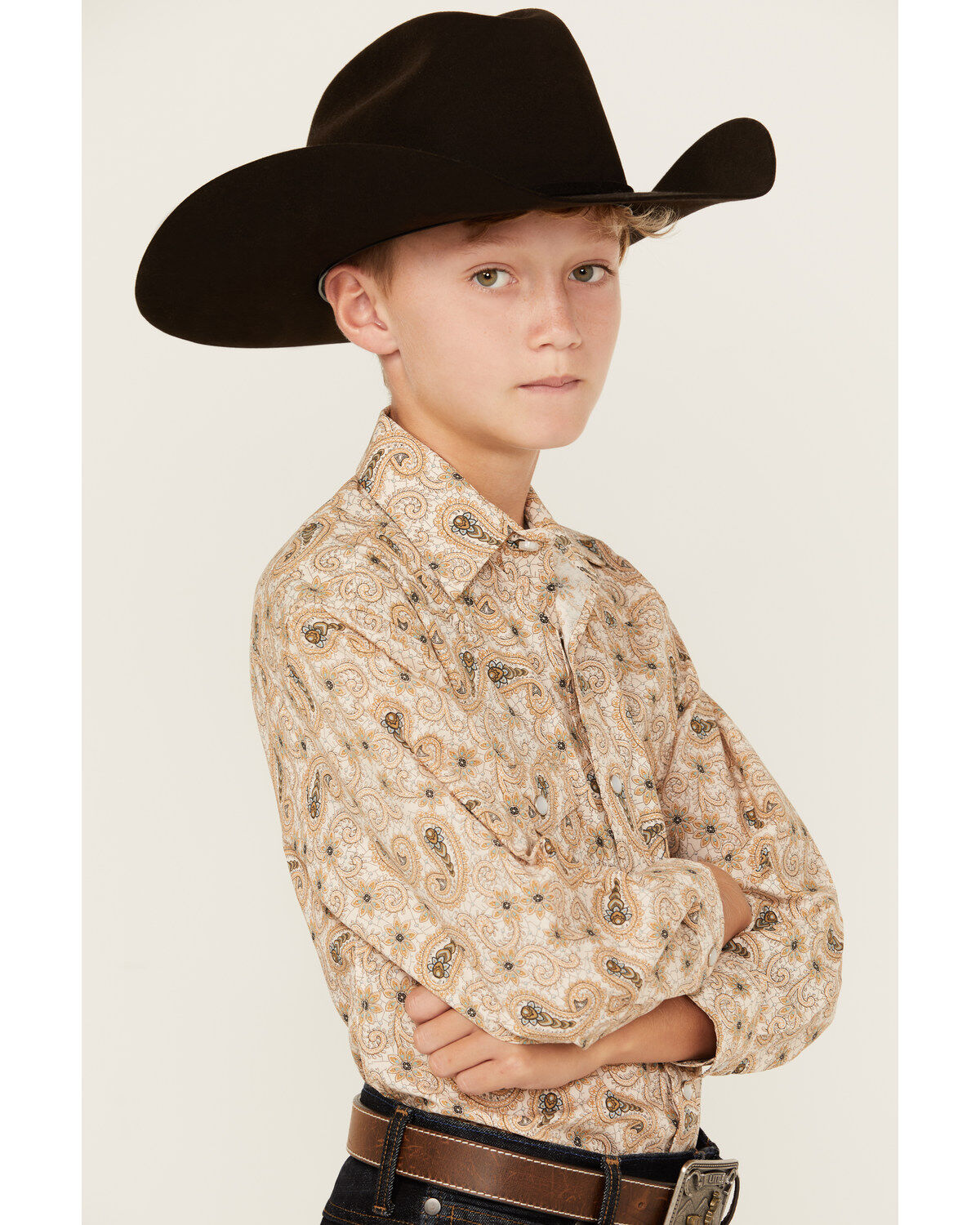 Rock & Roll Denim Boys' Paisley Print Long Sleeve Vintage Pearl Snap Western Shirt
