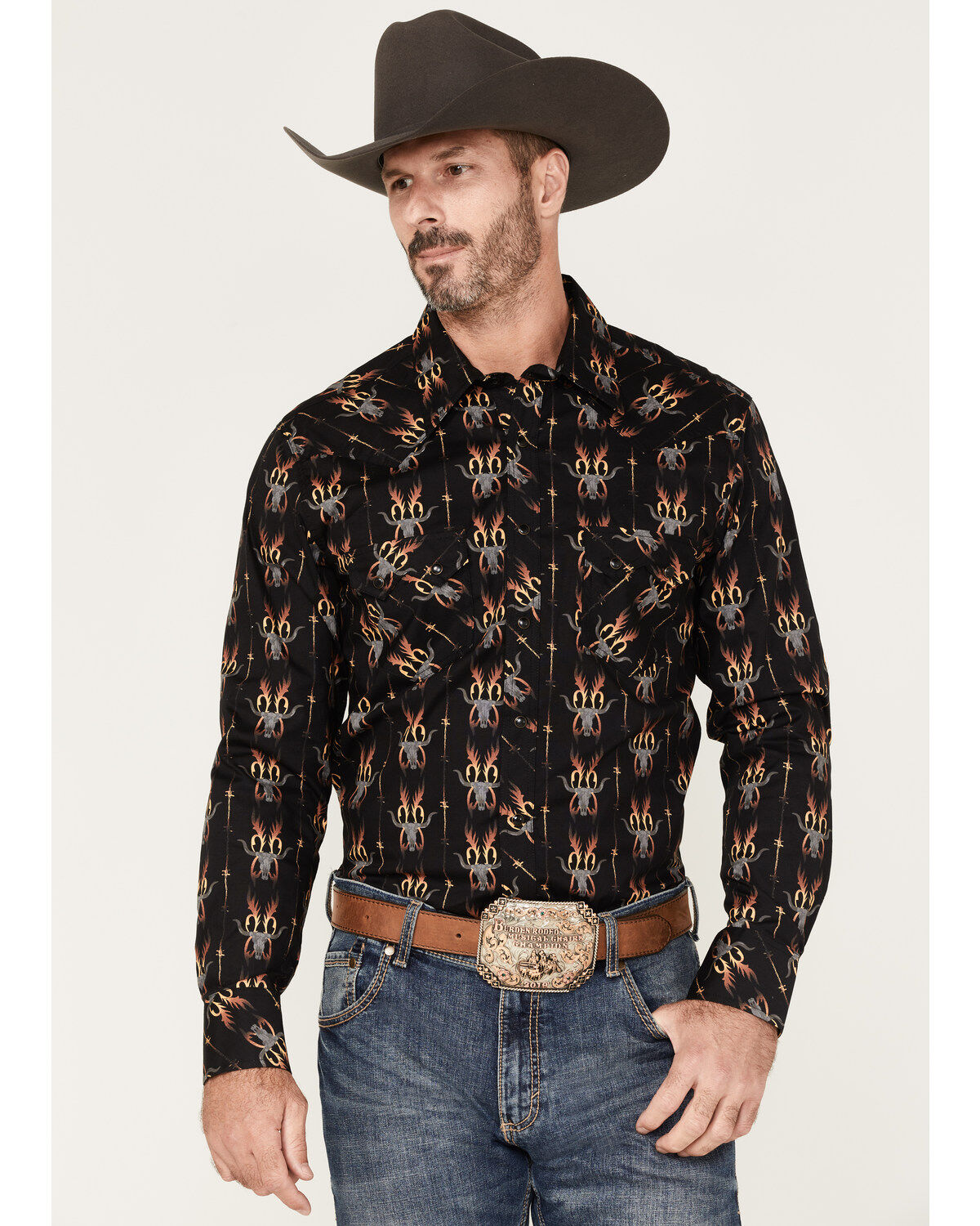 Dale Brisby Men's Stretch Antler Bull Skull Print Western Shirt