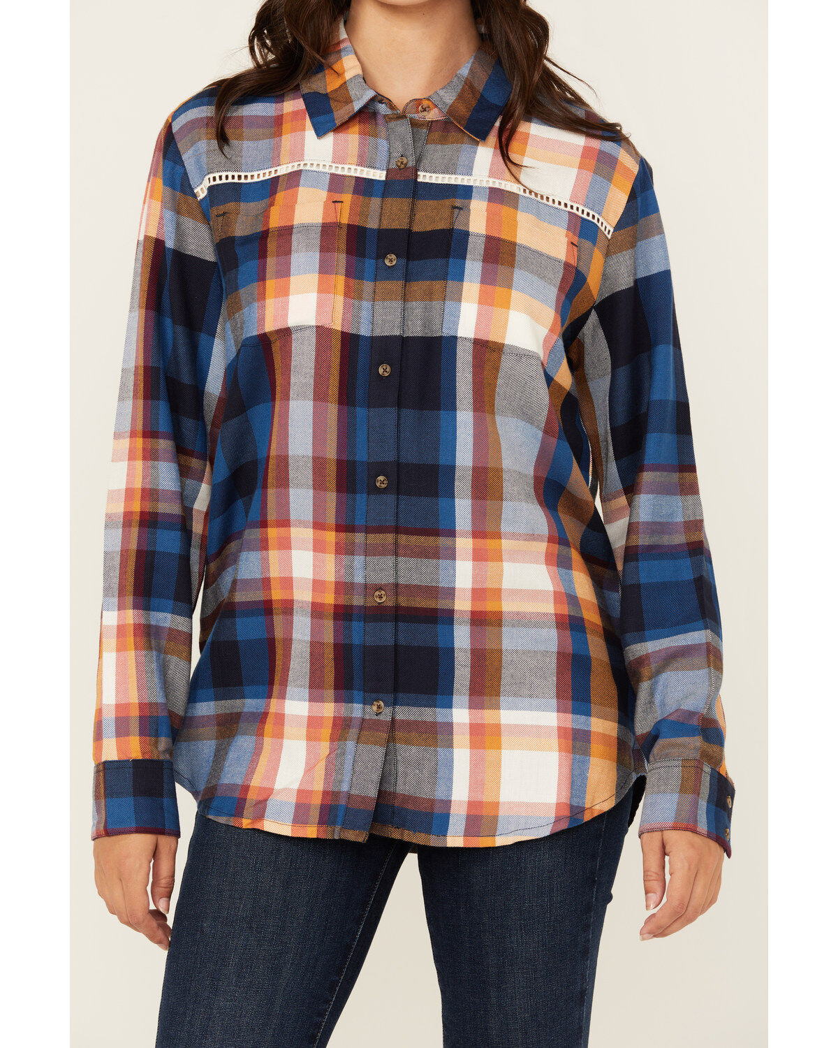 Shyanne Women's Plaid Print Ladder Lace Trim Long Sleeve Button-Down Flannel Shirt