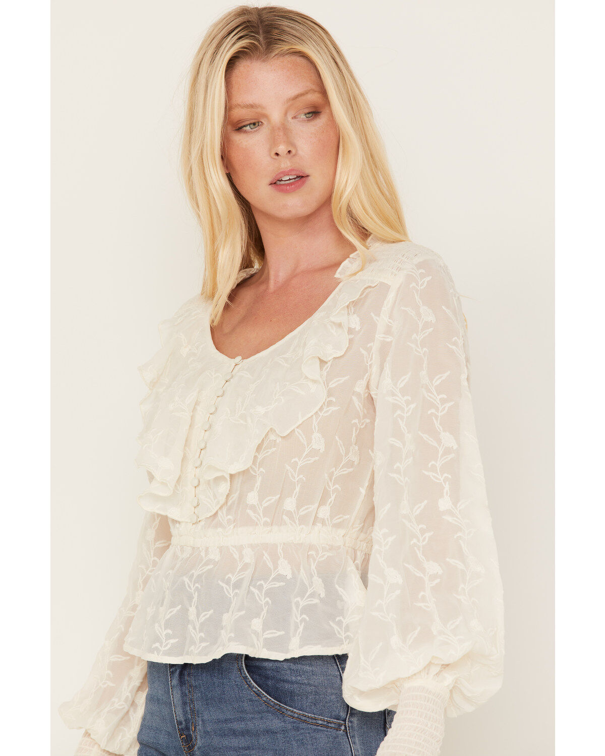 Shyanne Women's Floral Embroidered Chiffon Ruffle Blouse