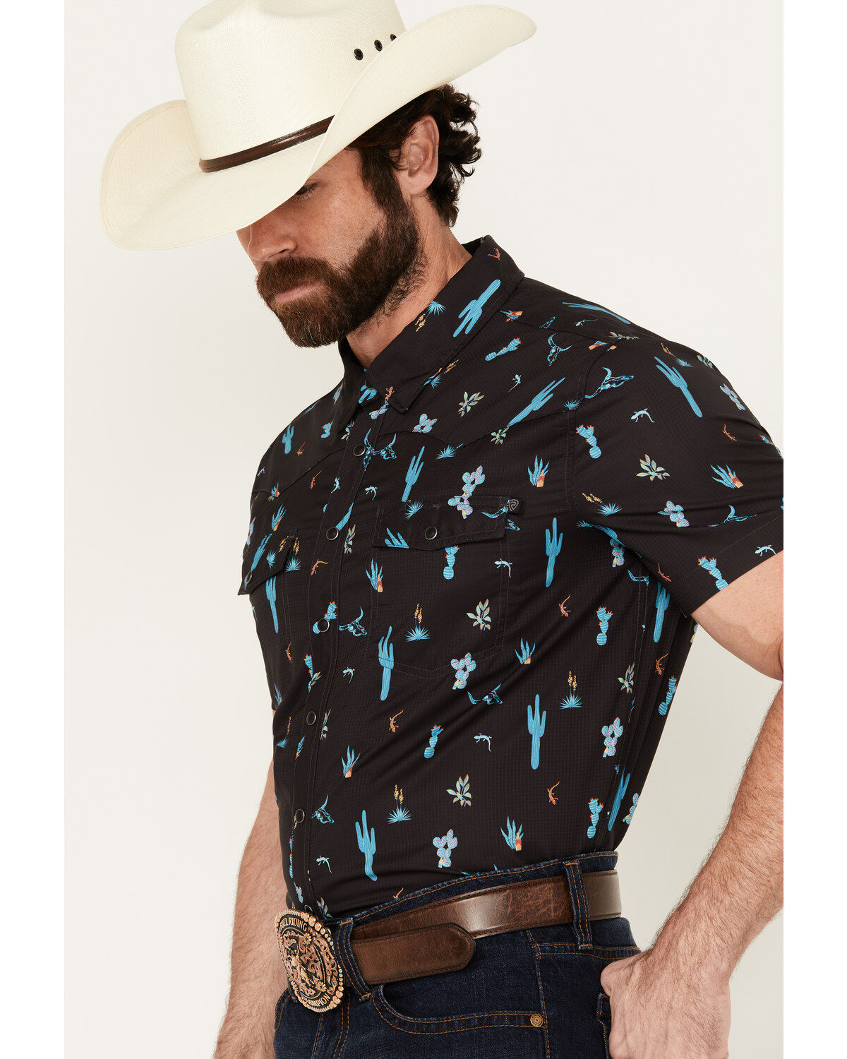 Rock & Roll Denim Men's Tek Cactus Print Short Sleeve Snap Western Shirt