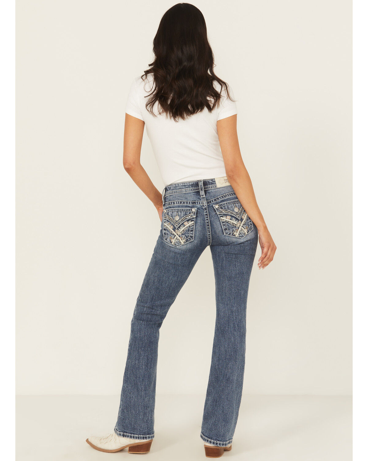 Miss Me Women's Medium Wash Mid Rise Bootcut Floral Pocket Stretch Denim Jeans