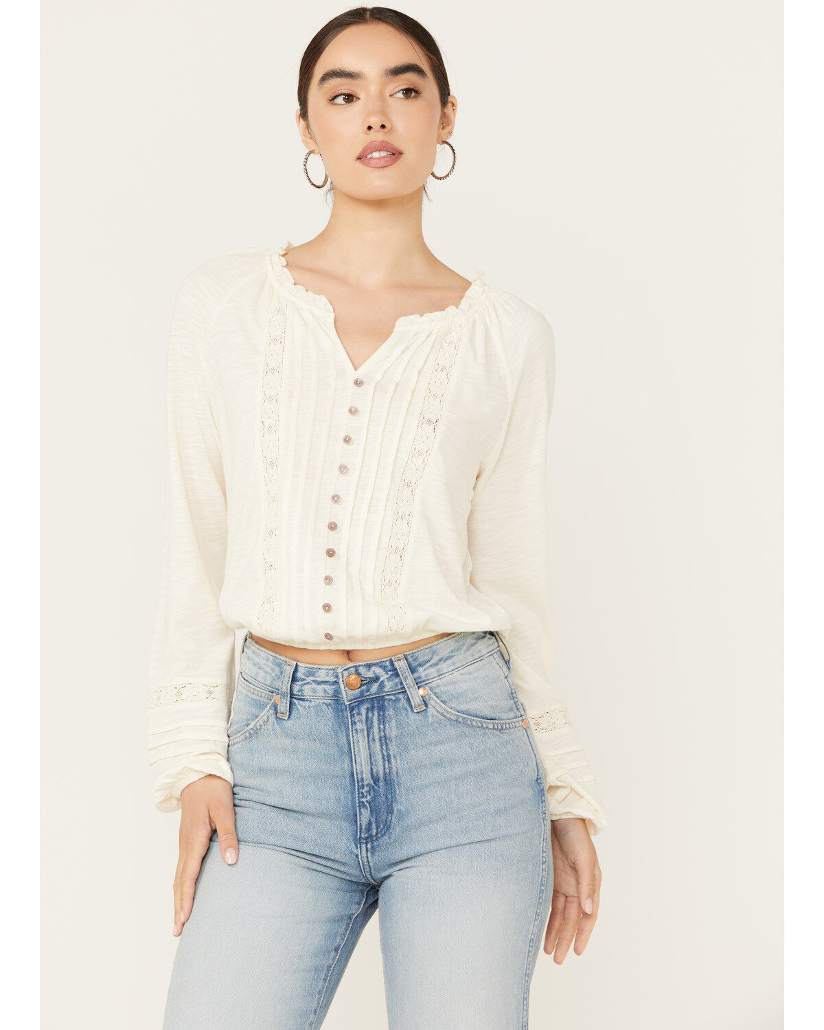 Jolt Women's Egret Lace Trim Button Down Long Sleeve Top