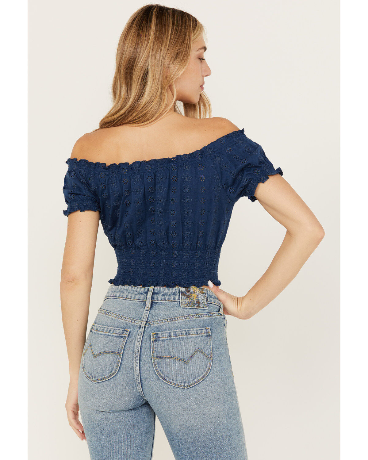 Cleo + Wolf Women's Knit Eyelet Smocked Crop Top