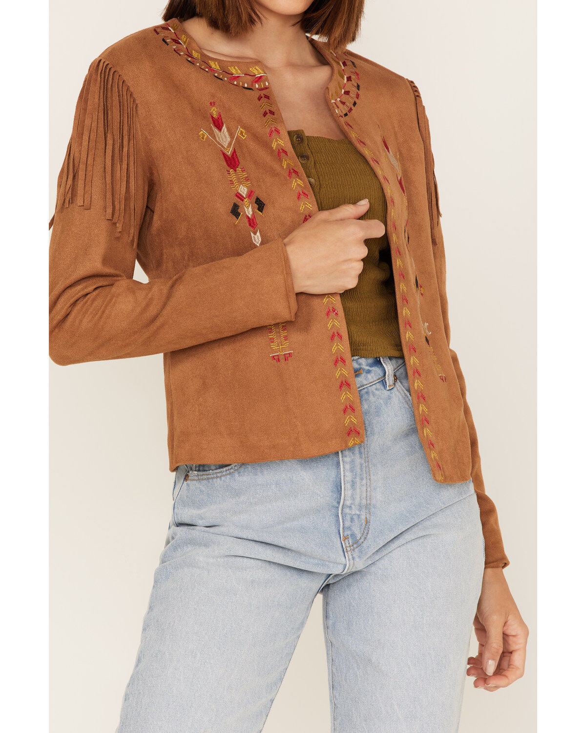 Fornia Women's Faux Suede Fringe Open Jacket