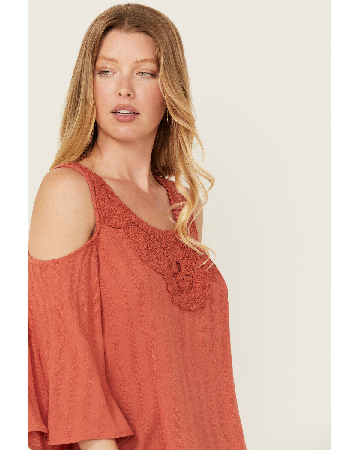 Shyanne Women's Solid Crochet Trim Cold Shoulder Shirt