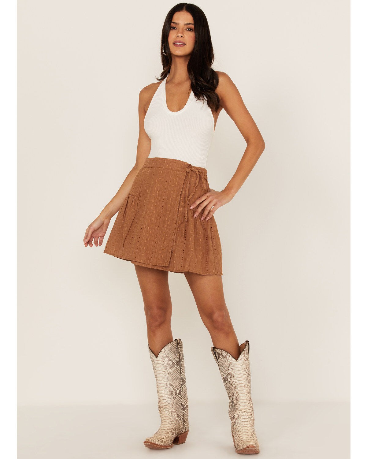 Wishlist Women's Embroidered Eyelet Wrap Mini Skirt