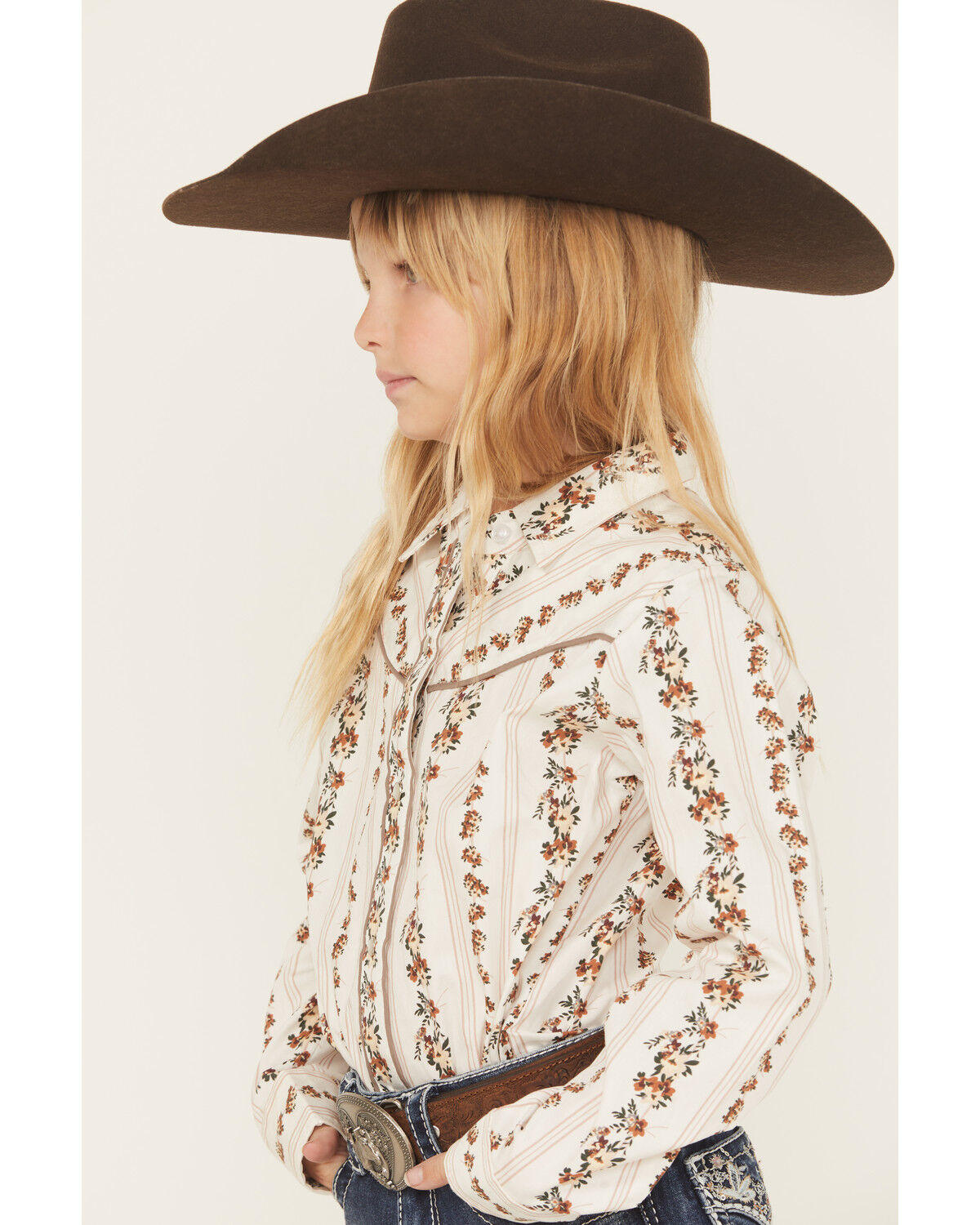 Ely Walker Girls' Floral Striped Long Sleeve Pearl Snap Western Shirt