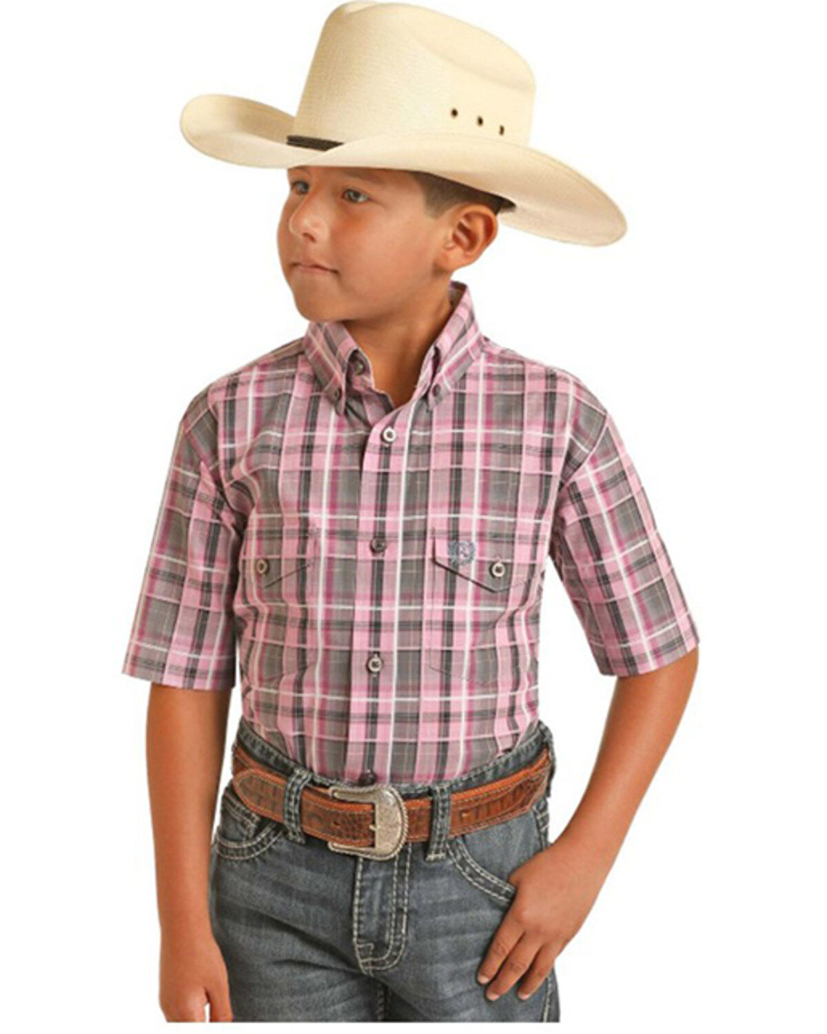 Panhandle Boys' Plaid Print Short Sleeve Button-Down Western Shirt
