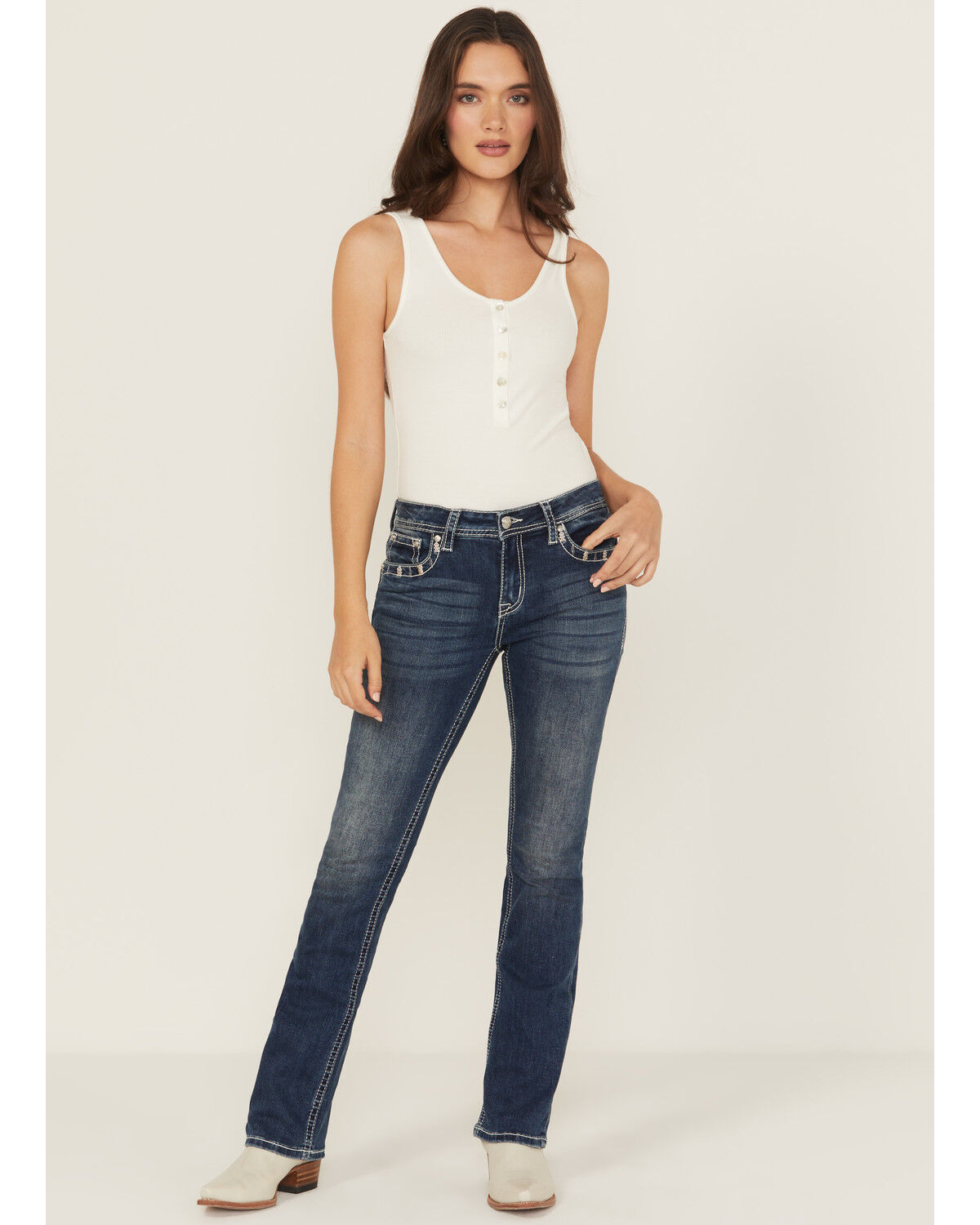 Grace in LA Women's Medium Wash Diamond Embroidered Mid Rise Bootcut Stretch Denim Jeans